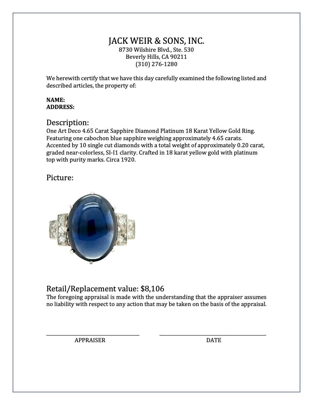 Art Deco 4.65 Carat Sapphire Diamond Platinum 18 Karat Yellow Gold Ring 2