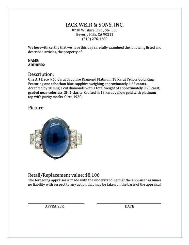 Art Deco 4.65 Carat Sapphire Diamond Platinum 18 Karat Yellow Gold Ring For Sale 2