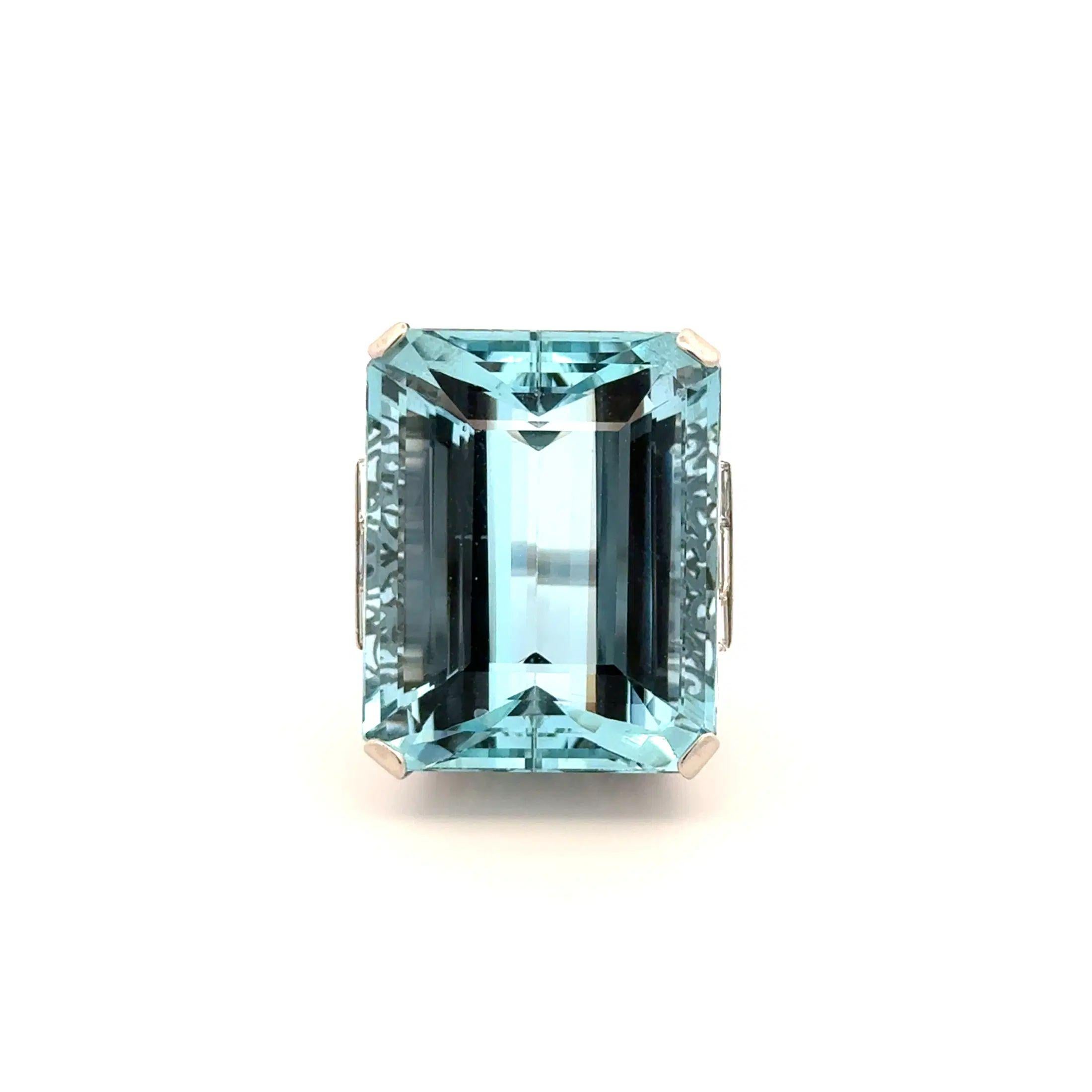 Women's Art Deco 46.88 Carat Emerald Cut Aquamarine and Diamond Platinum Vintage Ring For Sale
