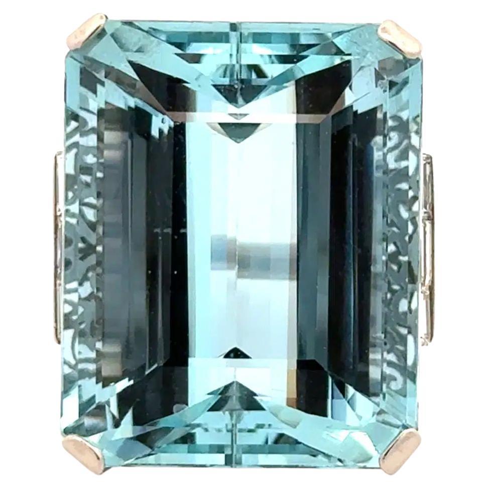 Art Deco 46.88 Carat Emerald Cut Aquamarine and Diamond Platinum Vintage Ring For Sale