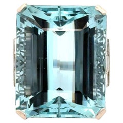 Art Deco 46.88 Carat Emerald Cut Aquamarine and Diamond Platinum Vintage Ring