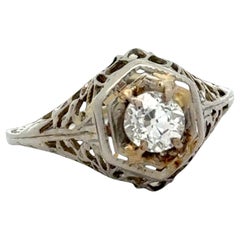 Art Deco .46ct. Old European Cut Diamond Filigree 14k White Gold Ring