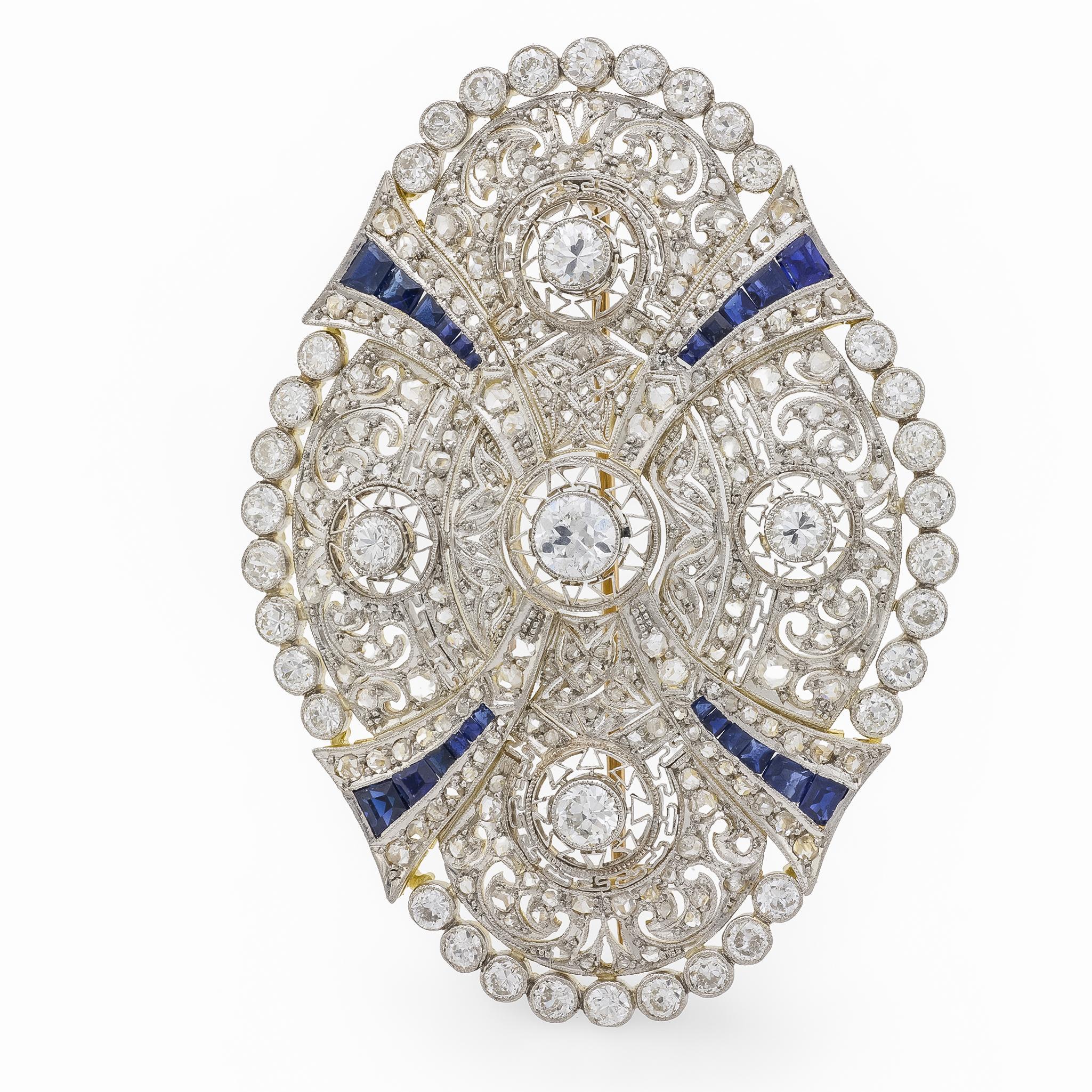 Spilla Art Deco in oro giallo 18k platino con diamante e zaffiro da 4,70 carati