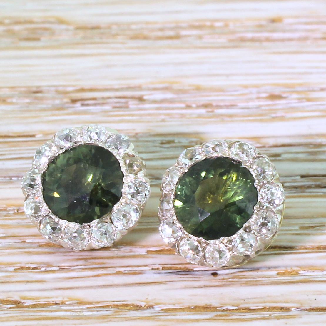 Old Mine Cut Art Deco 4.72 Carat Natural Green Sapphire and Diamond Cluster Earrings For Sale