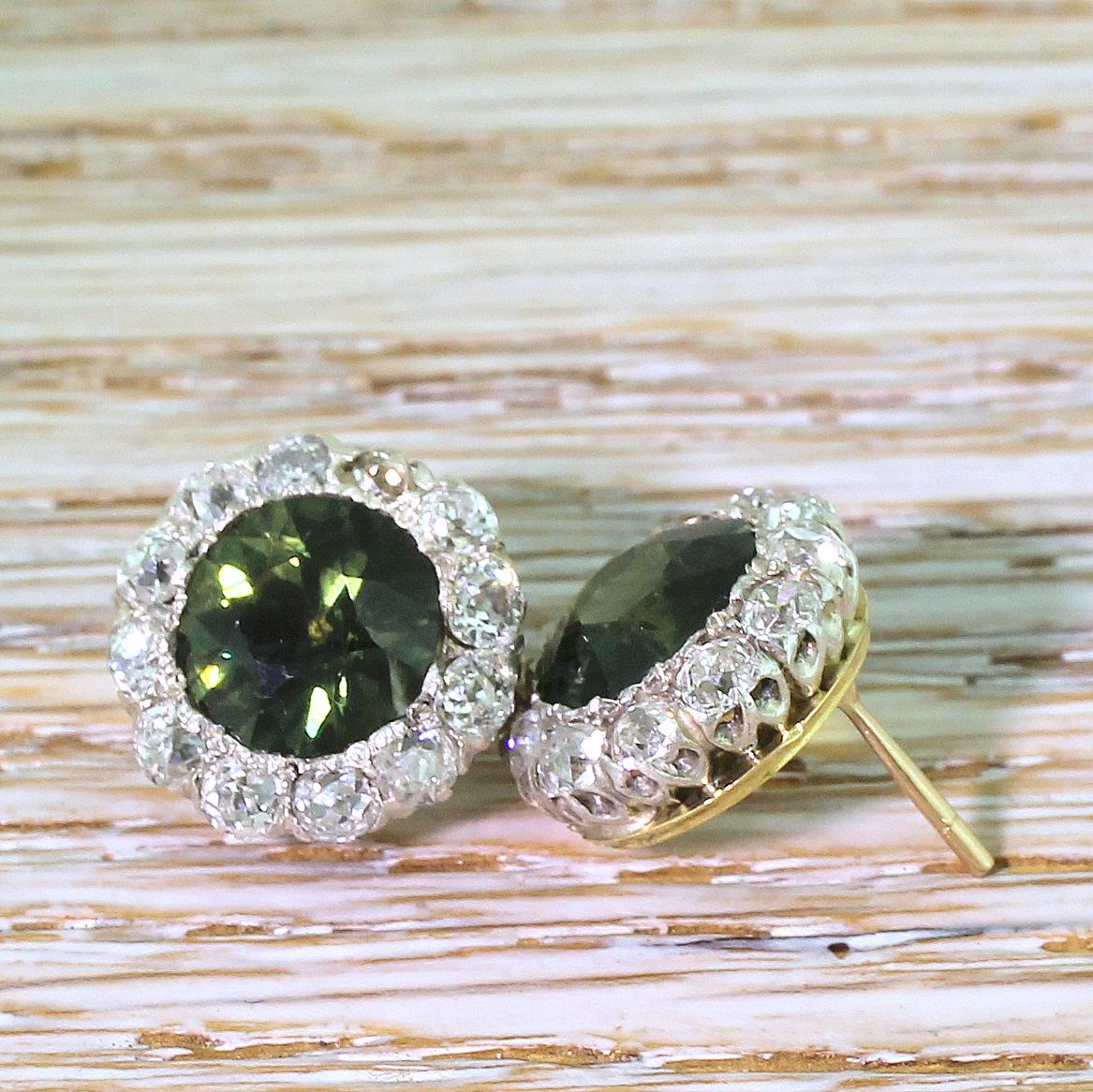 Art Deco 4.72 Carat Natural Green Sapphire and Diamond Cluster Earrings In Good Condition For Sale In Essex, GB