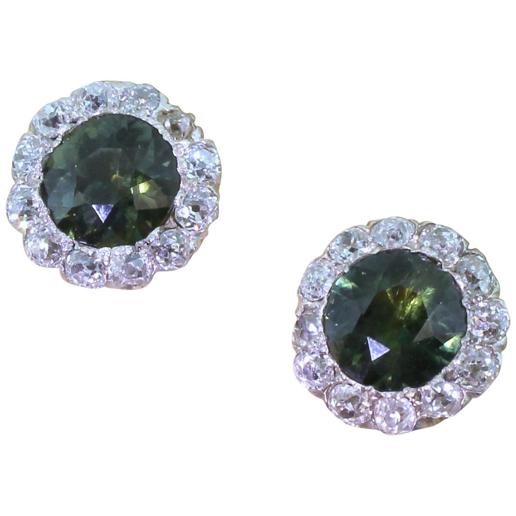 Art Deco 4.72 Carat Natural Green Sapphire and Diamond Cluster Earrings For Sale