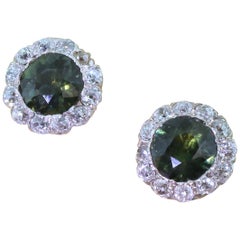 Antique Art Deco 4.72 Carat Natural Green Sapphire and Diamond Cluster Earrings