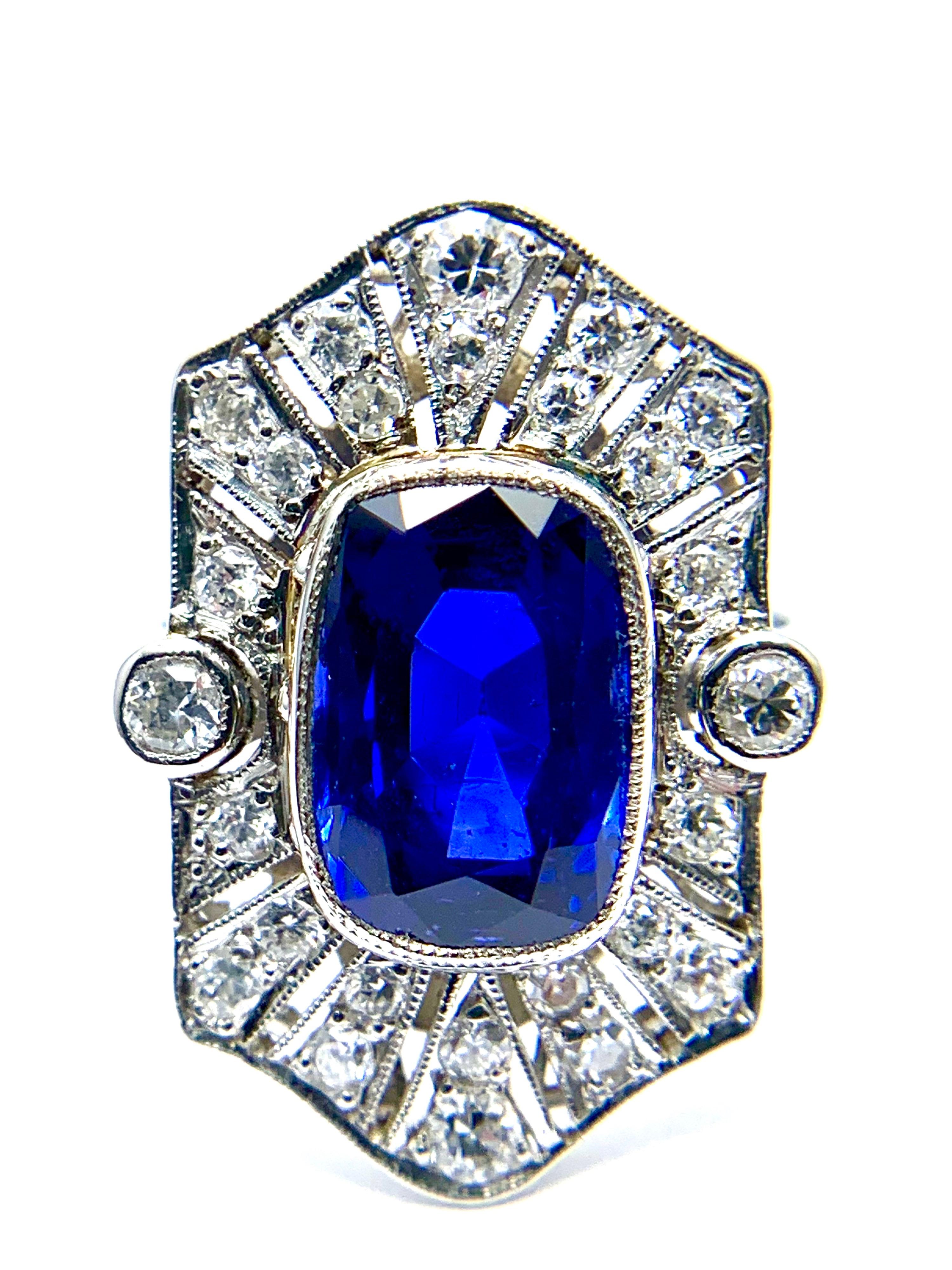 Cushion Cut Art Deco Style 4.76 Carat Cushion Shaped Sapphire and Diamond and Platinum Ring