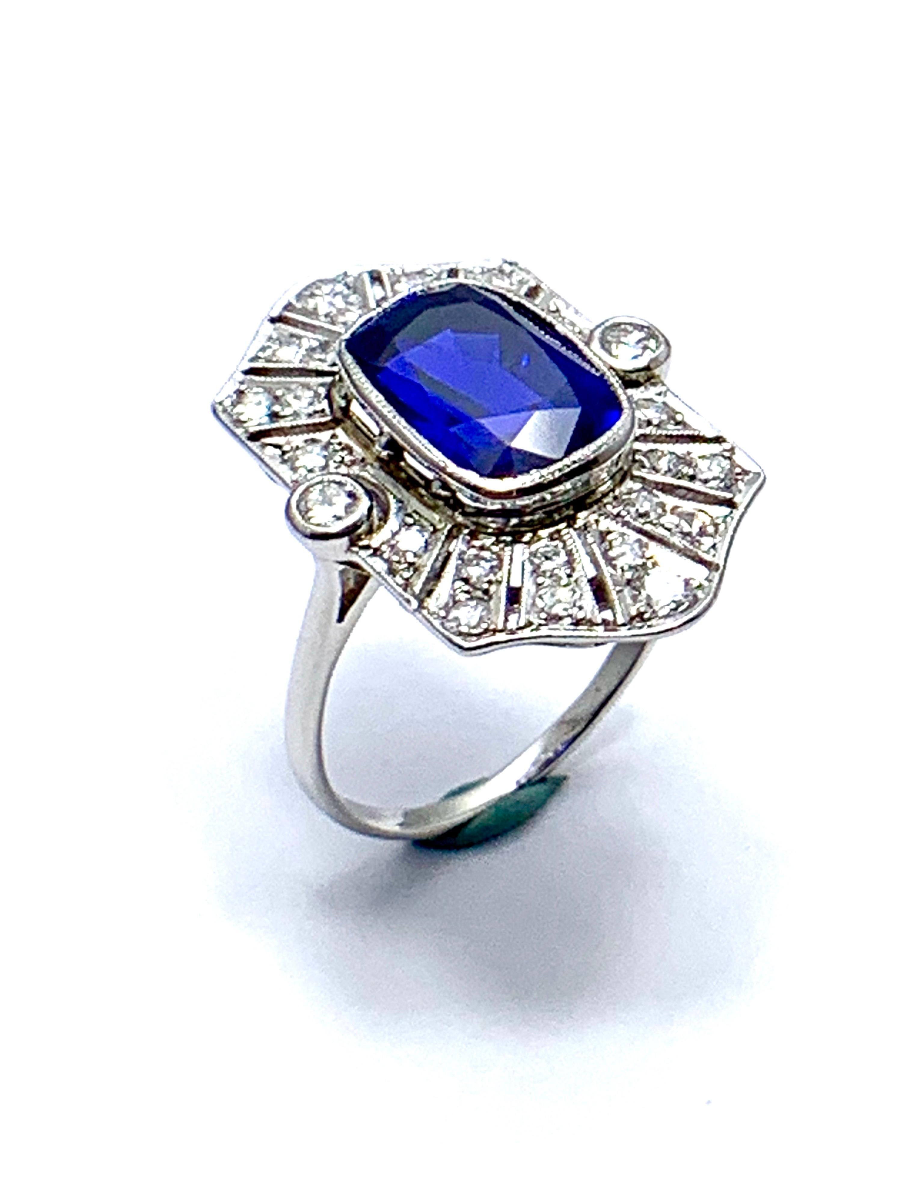 Art Deco Style 4.76 Carat Cushion Shaped Sapphire and Diamond and Platinum Ring In Excellent Condition In Chevy Chase, MD