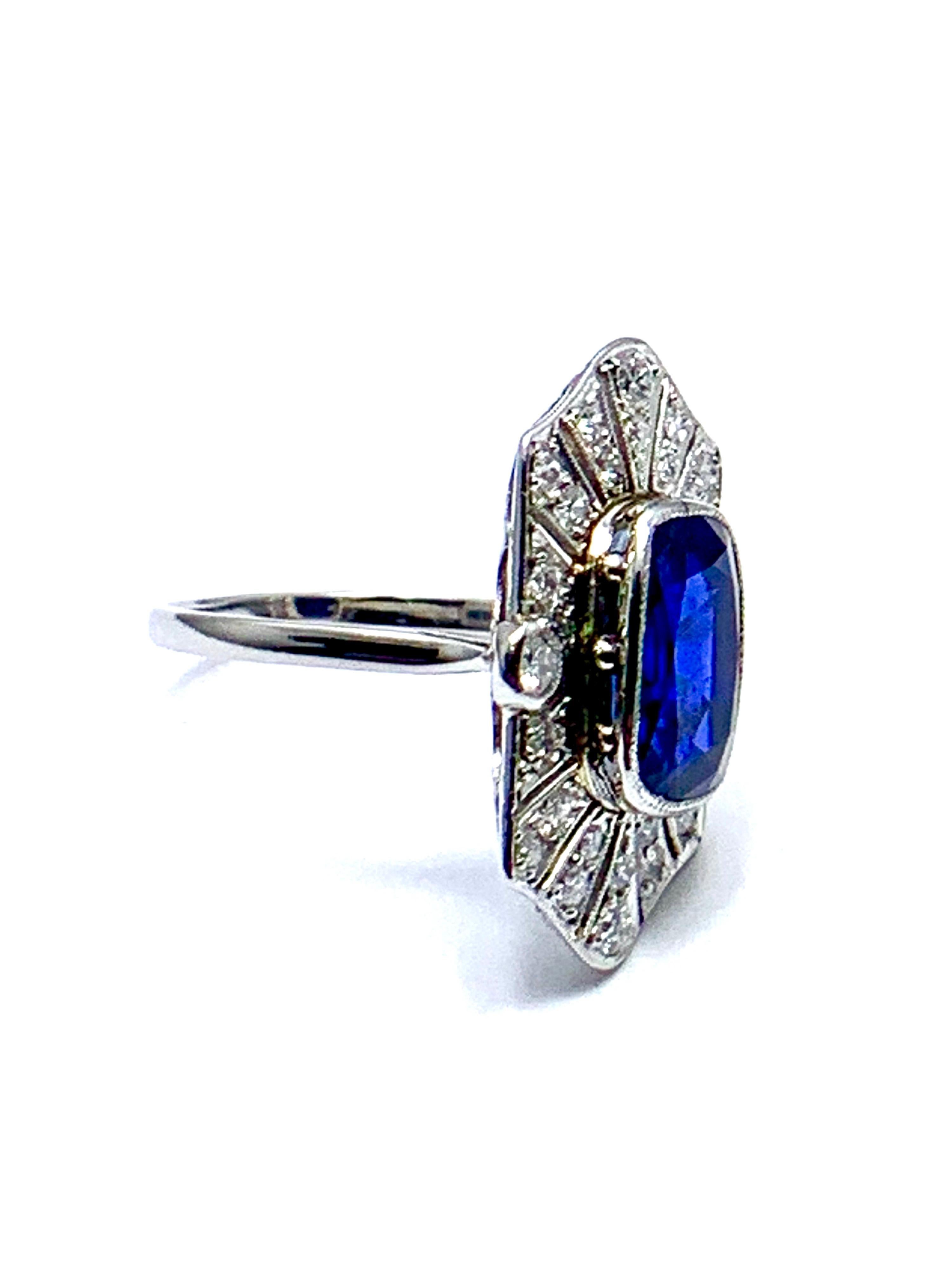 Women's or Men's Art Deco Style 4.76 Carat Cushion Shaped Sapphire and Diamond and Platinum Ring