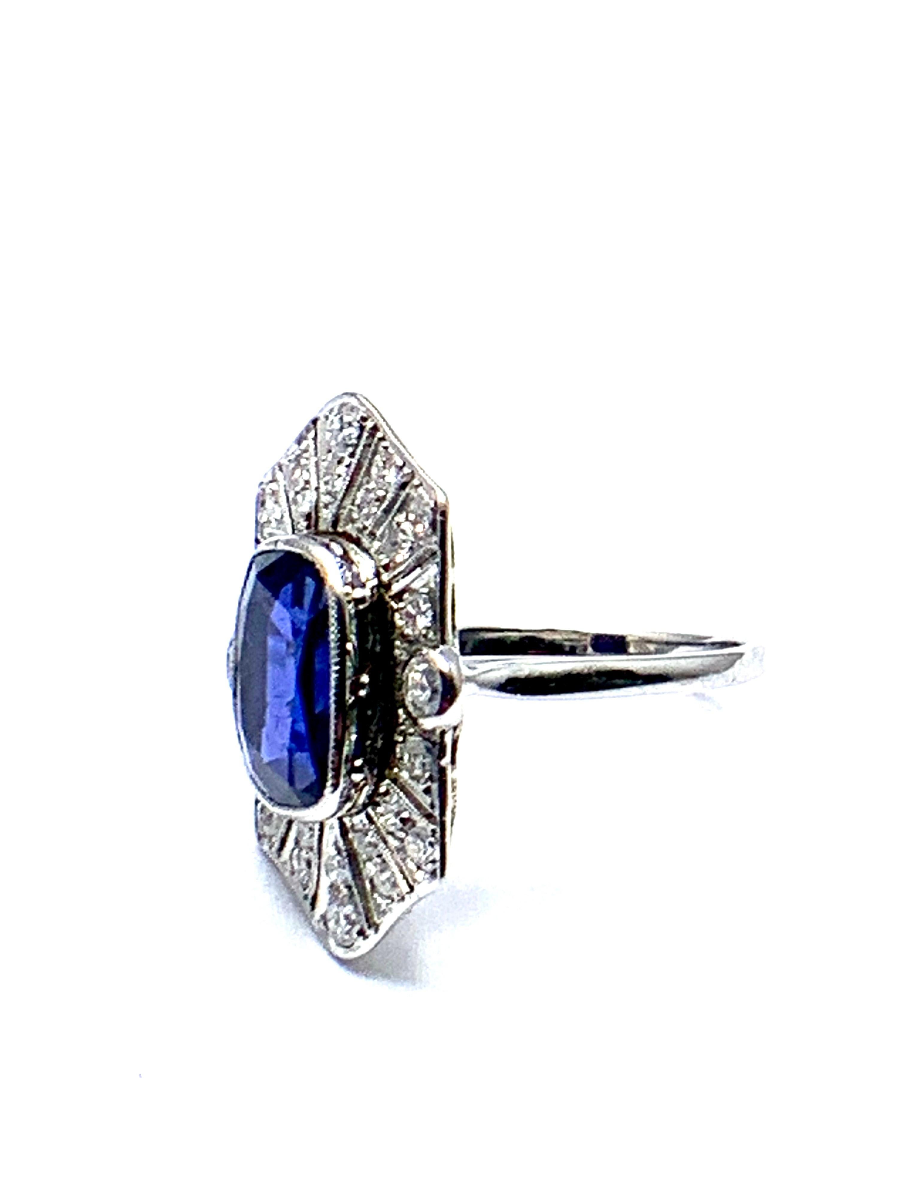 Art Deco Style 4.76 Carat Cushion Shaped Sapphire and Diamond and Platinum Ring 1