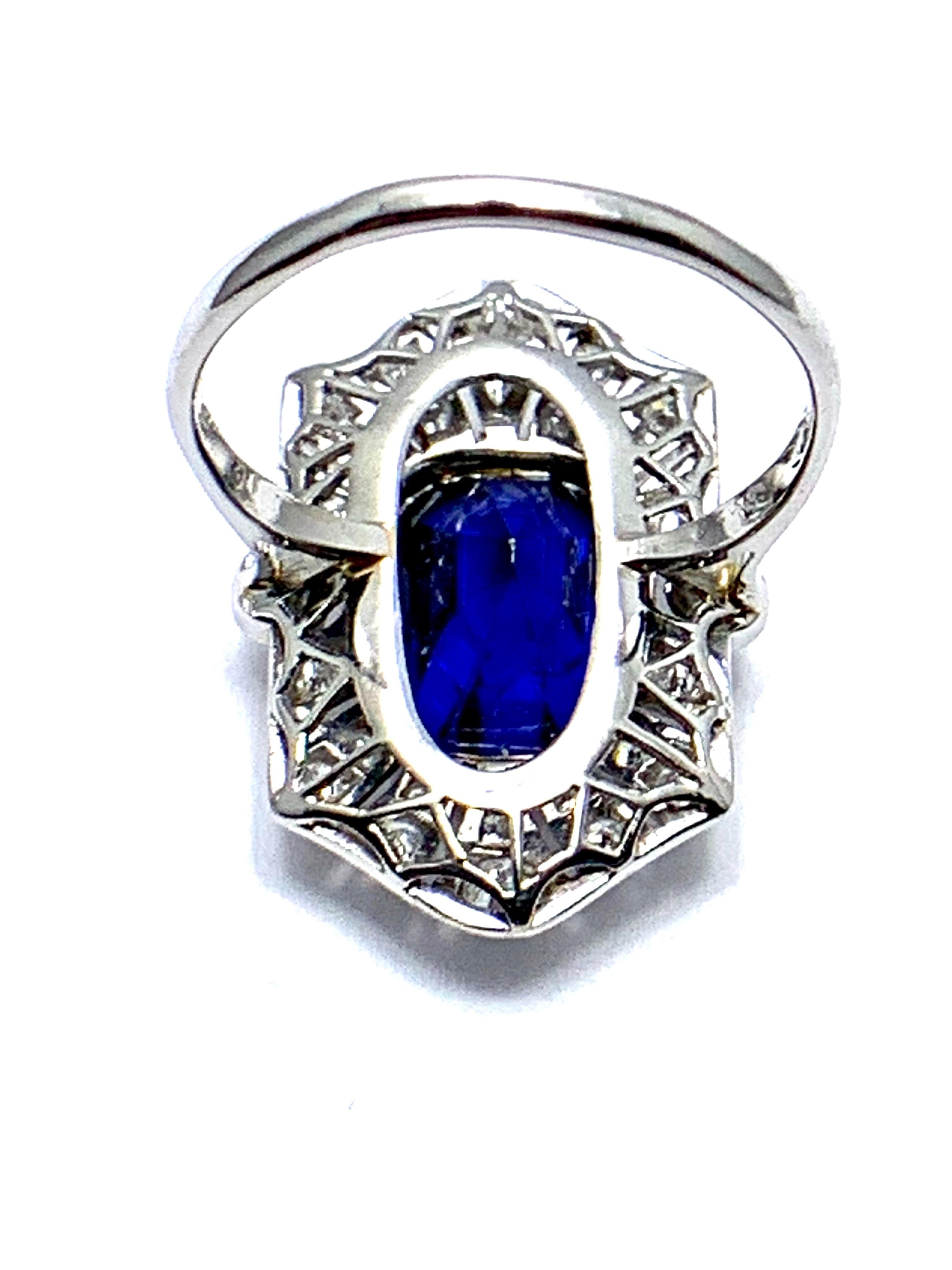 Art Deco Style 4.76 Carat Cushion Shaped Sapphire and Diamond and Platinum Ring 2