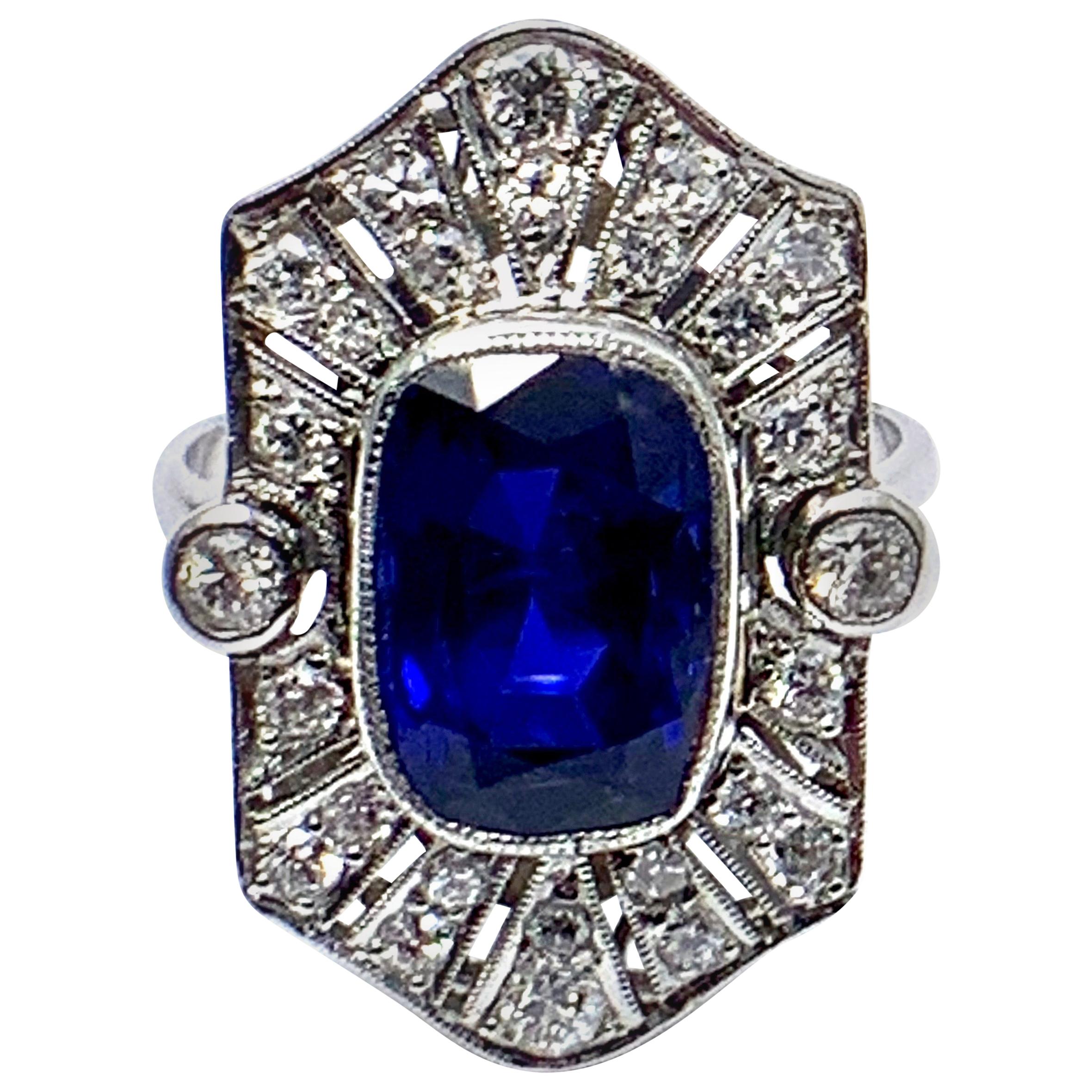 Art Deco Style 4.76 Carat Cushion Shaped Sapphire and Diamond and Platinum Ring