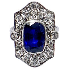 Art Deco Style 4.76 Carat Cushion Shaped Sapphire and Diamond and Platinum Ring