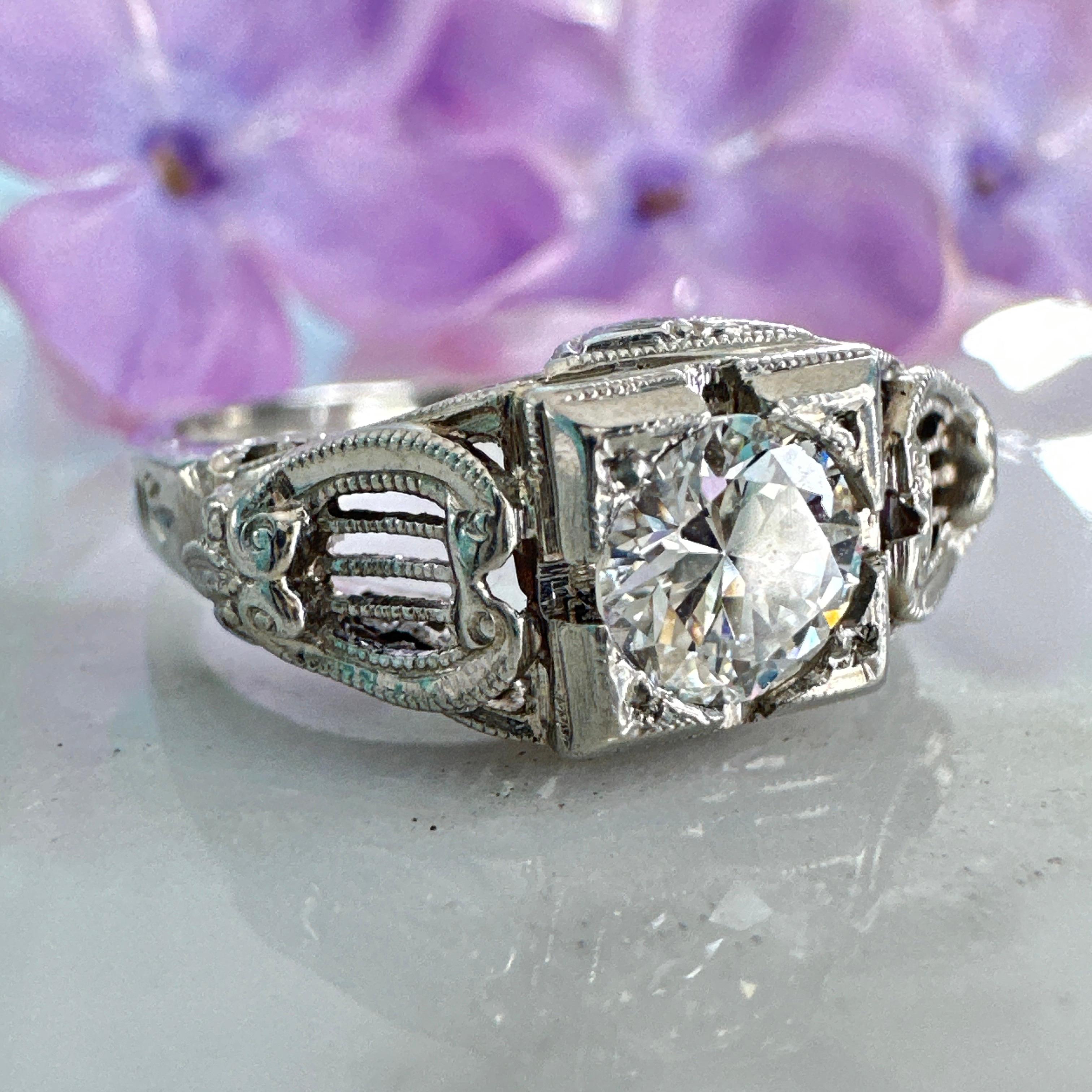 Round Cut Art Deco .48 Carat Diamond 18k Engagement Ring