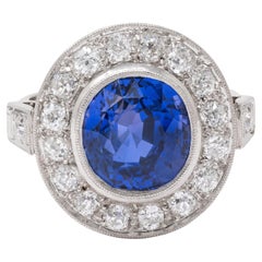 Art Deco 4.80 CTW unbehandelter Ceylon Saphir Diamant Platin Vintage Halo Ring GIA