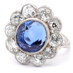 Art Deco 4.82 Carat GIA Natural Burma No Heat Sapphire Diamond Platinum Ring