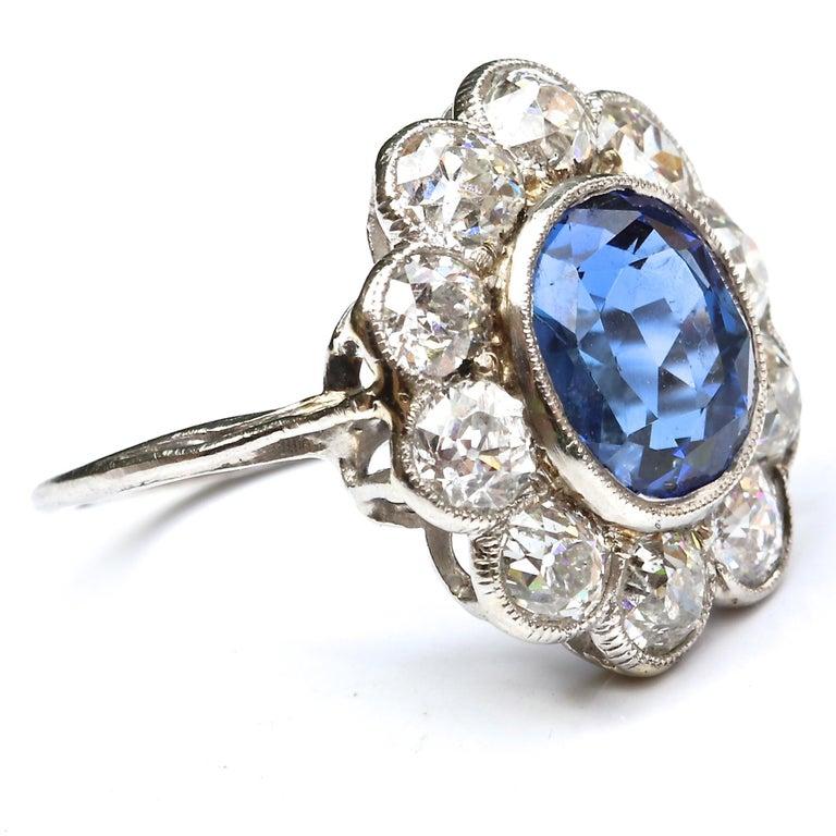 Oval Cut Art Deco 4.82 Carat Natural Burma Sapphire Diamond Platinum Ring