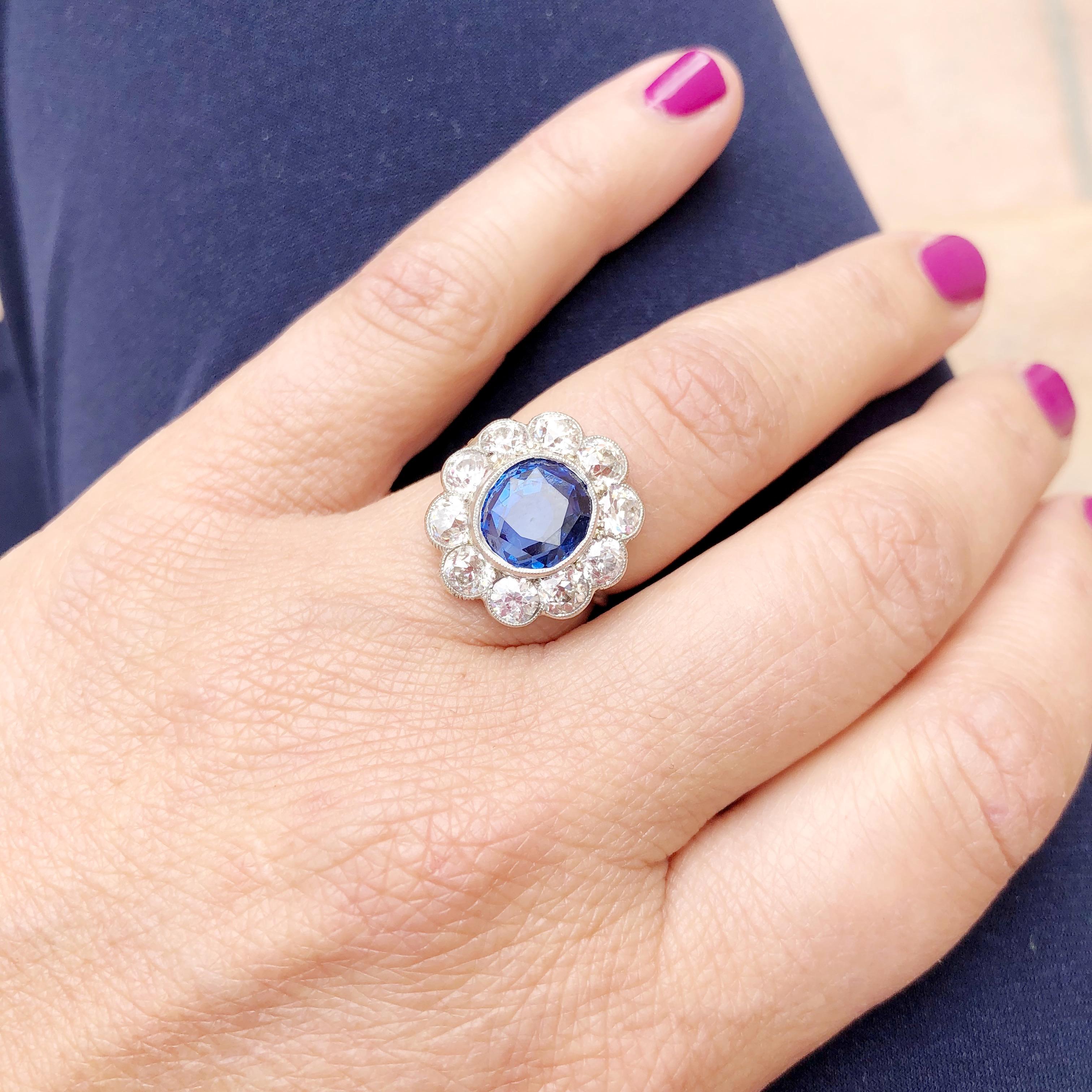 Art Deco 4.82 Carat Natural Burma Sapphire Diamond Platinum Ring In Excellent Condition In Beverly Hills, CA