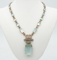 Art Deco 48.83 Ct Aquamarine 4.25 Ct Diamond Rare 18 Kt /Plat Necklace
