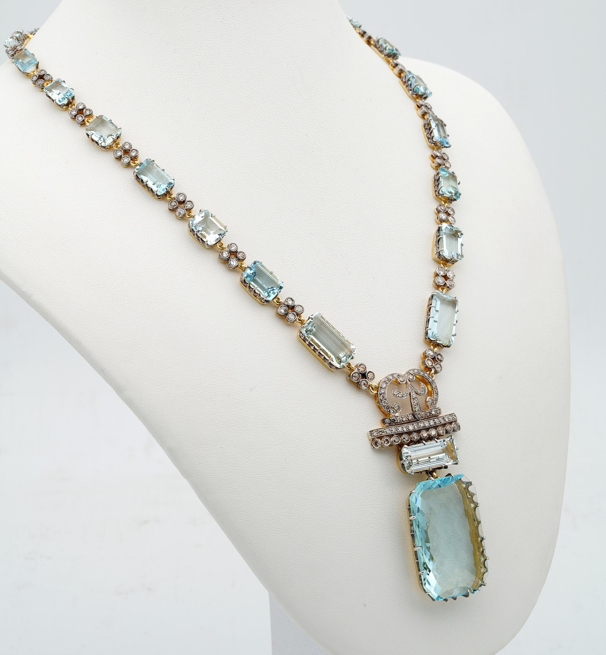 Women's Art Deco 48.83 Ct Aquamarine 4.25 Ct Diamond Rare 18 Kt /Plat Necklace For Sale
