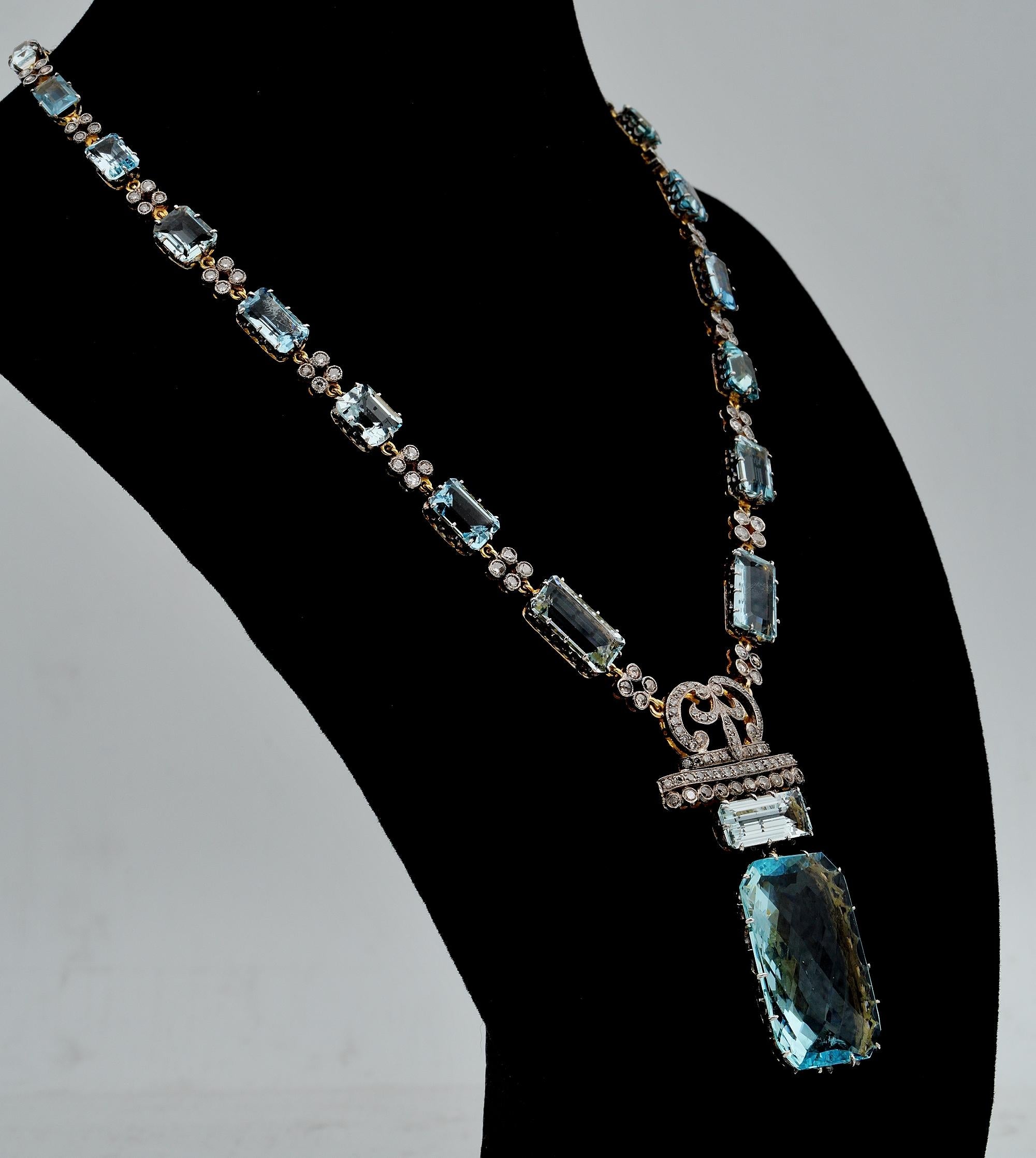 Art Deco 48.83 Ct Aquamarine 4.25 Ct Diamond Rare 18 Kt /Plat Necklace For Sale 1