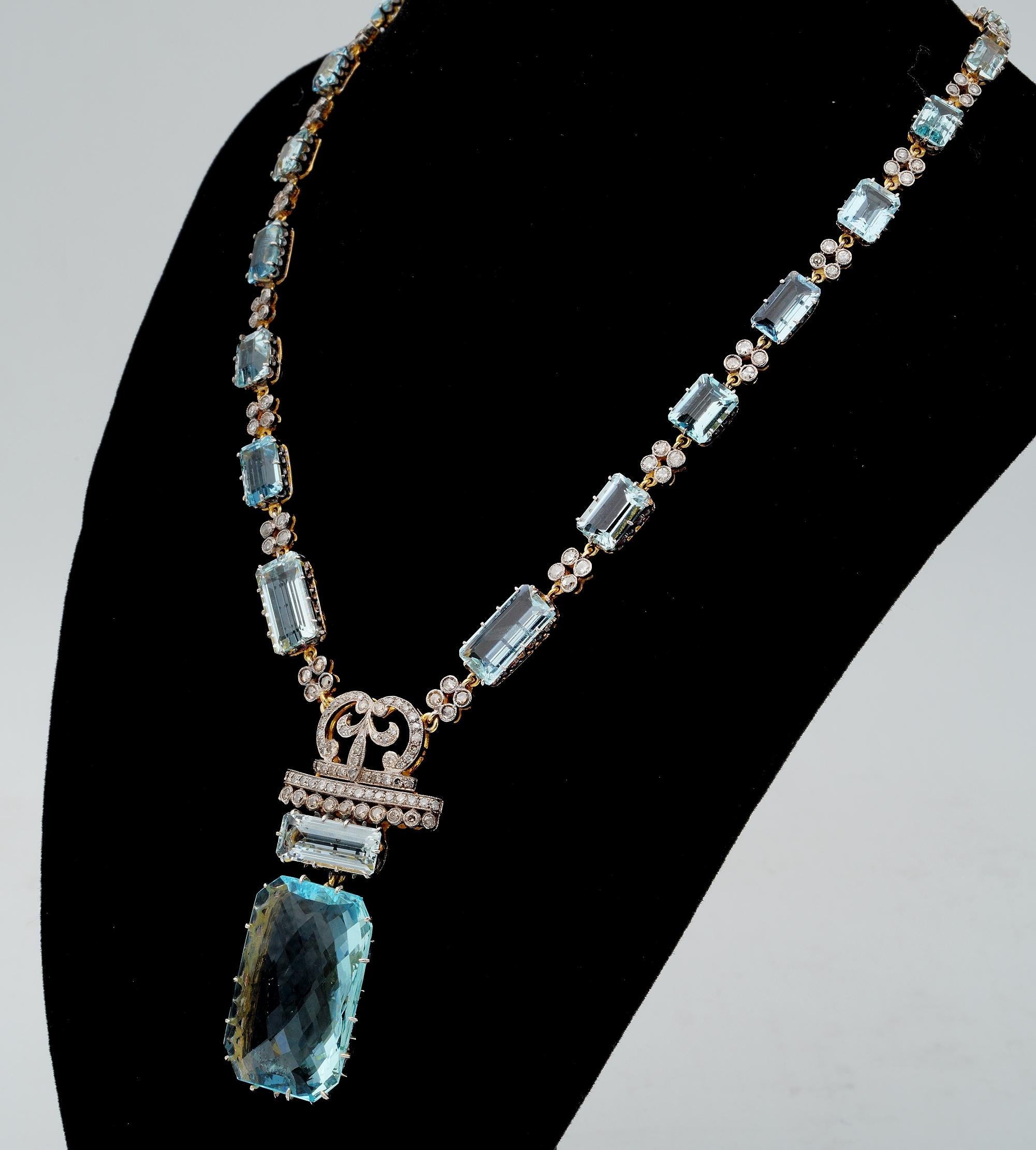 Art Deco 48.83 Ct Aquamarine 4.25 Ct Diamond Rare 18 Kt /Plat Necklace For Sale 3