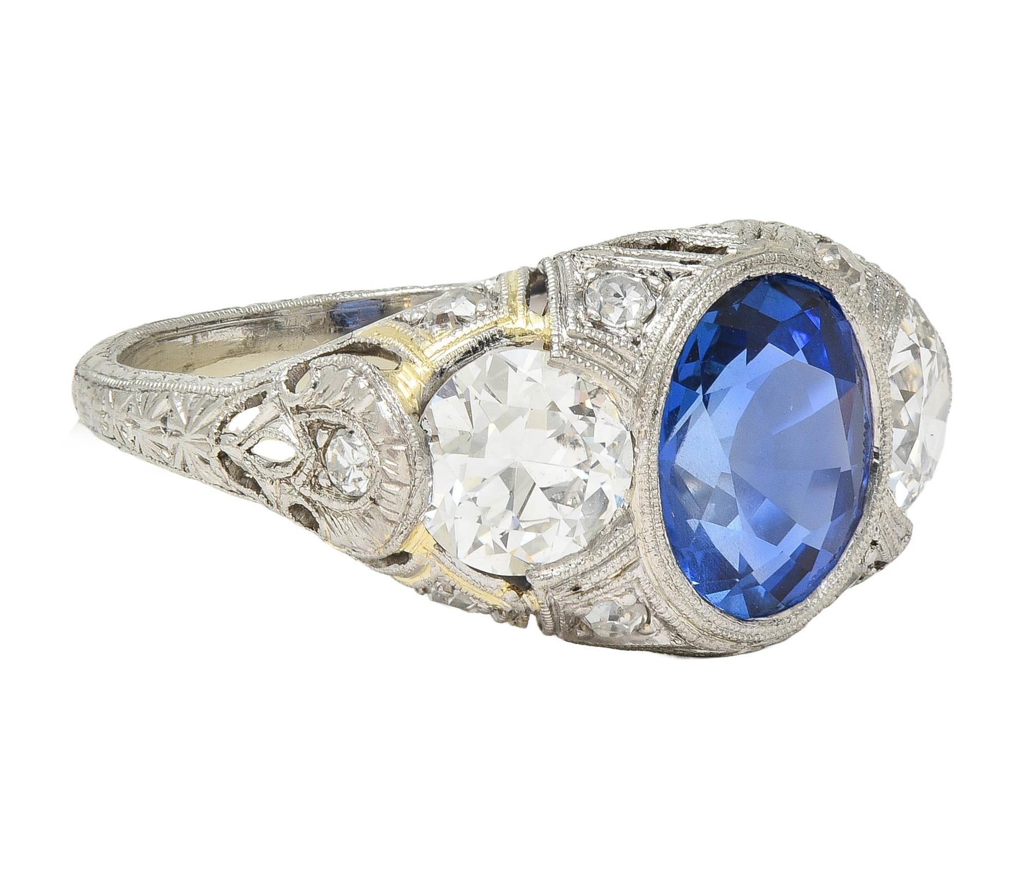 Cushion Cut Art Deco 4.90 CTW No Heat Ceylon Sapphire Diamond Platinum Antique Ring AGL For Sale