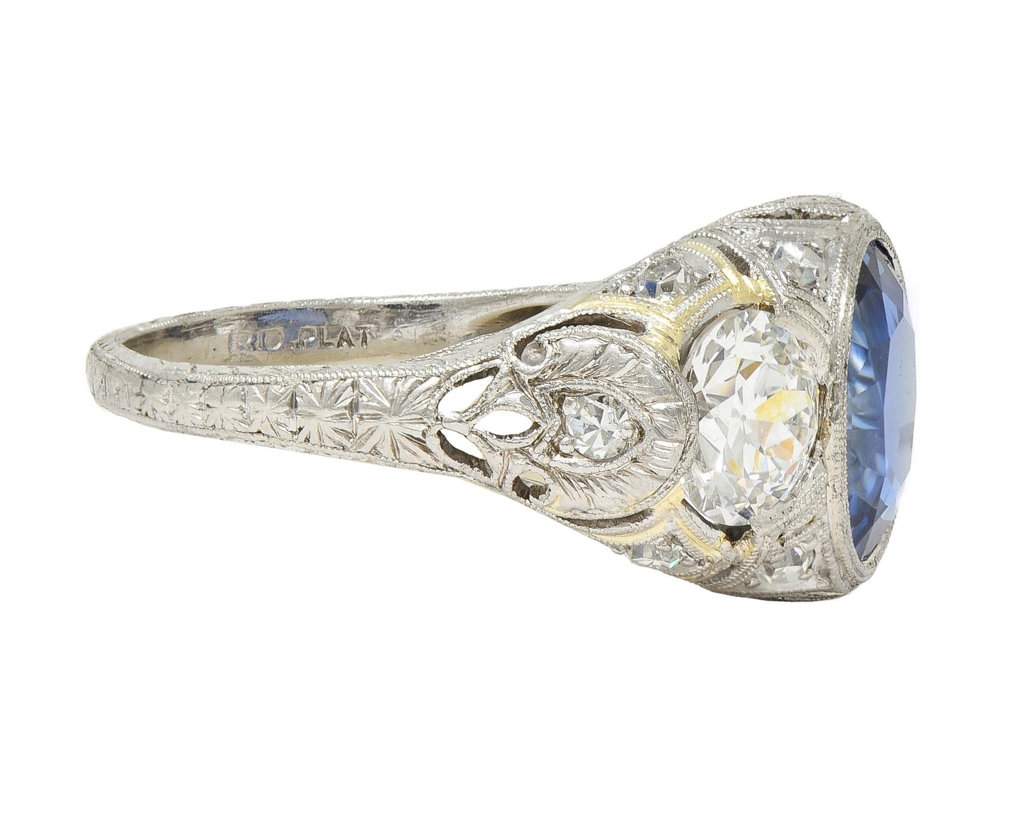 Art Deco 4.90 CTW No Heat Ceylon Sapphire Diamond Platinum Antique Ring AGL In Excellent Condition For Sale In Philadelphia, PA