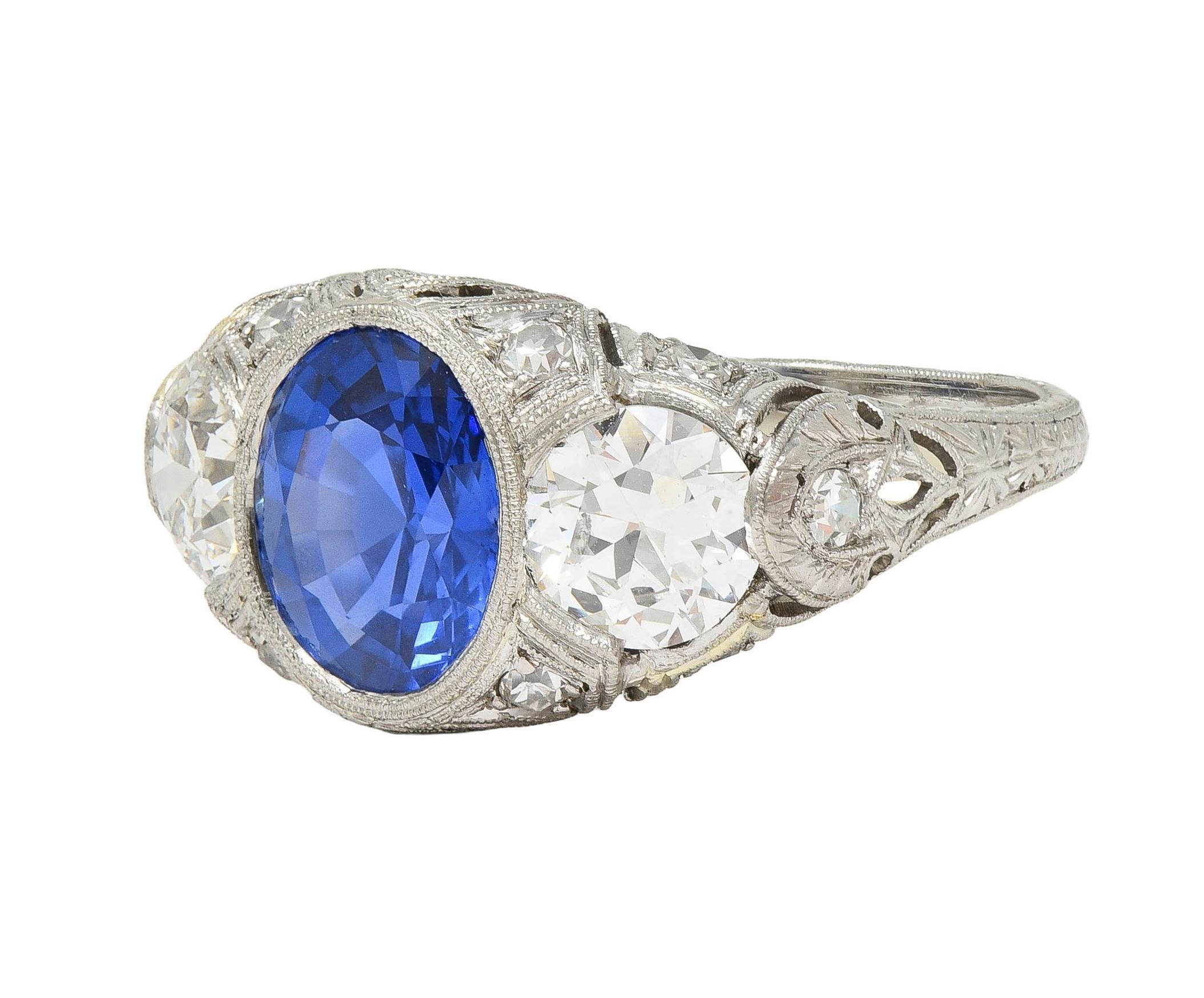Art Deco 4.90 CTW No Heat Ceylon Sapphire Diamond Platinum Antique Ring AGL For Sale 2