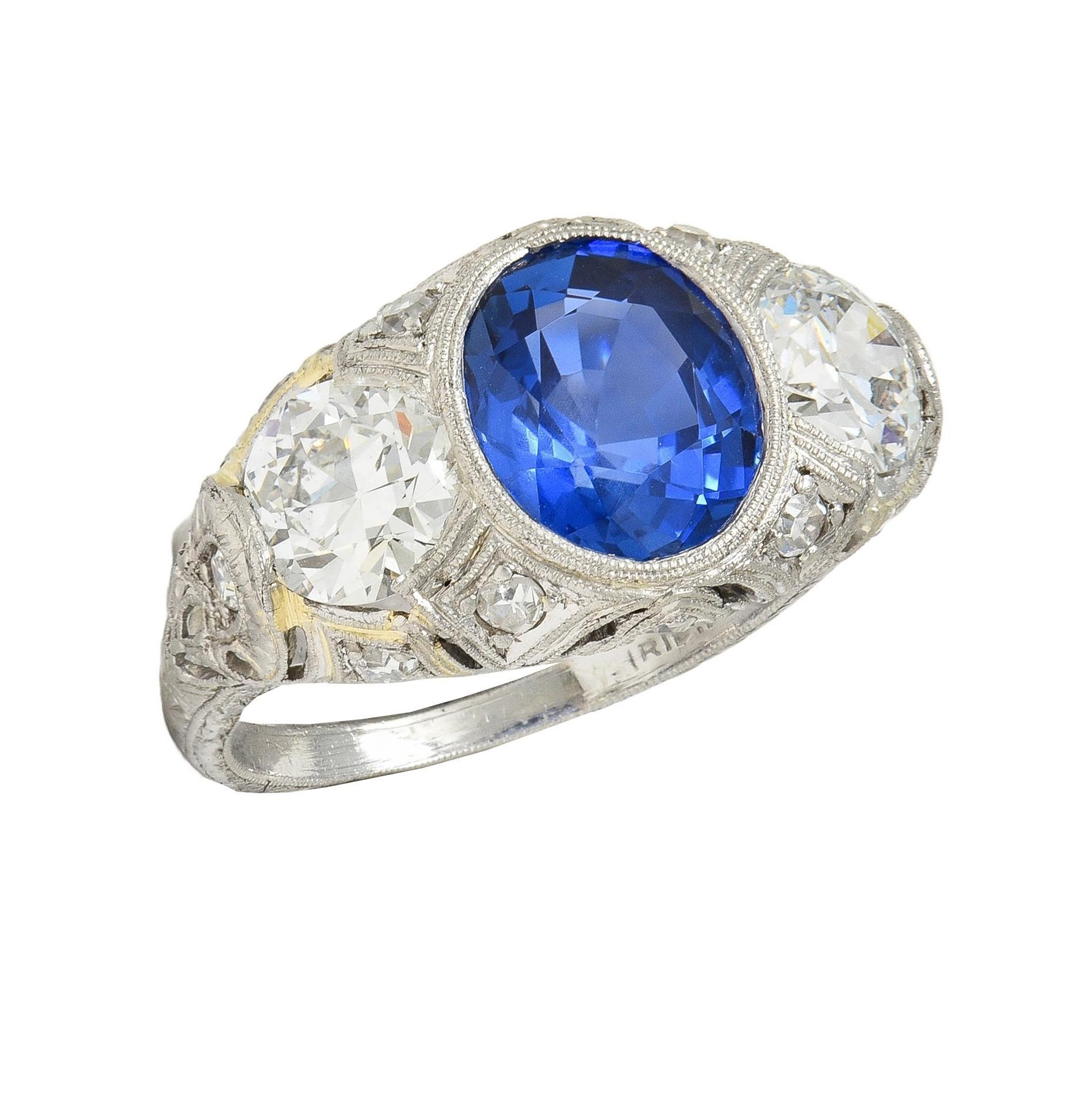Art Deco 4.90 CTW No Heat Ceylon Sapphire Diamond Platinum Antique Ring AGL For Sale 4