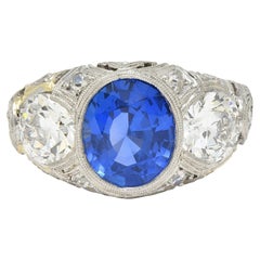 Art Deco 4,90 CTW unbehandelter Ceylon Saphir Diamant Platin Antiker Ring AGL