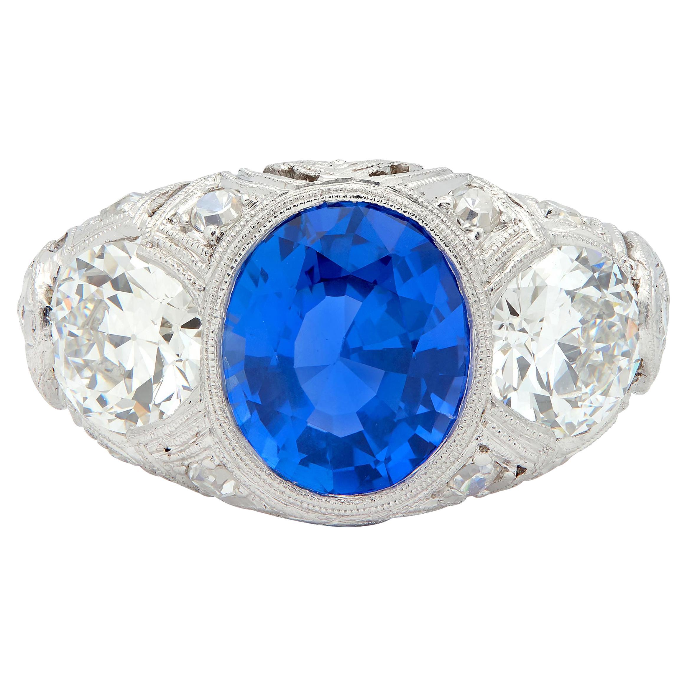 Art Deco 4,90 CTW unbehandelter Ceylon Saphir Diamant Platin Antiker Ring AGL