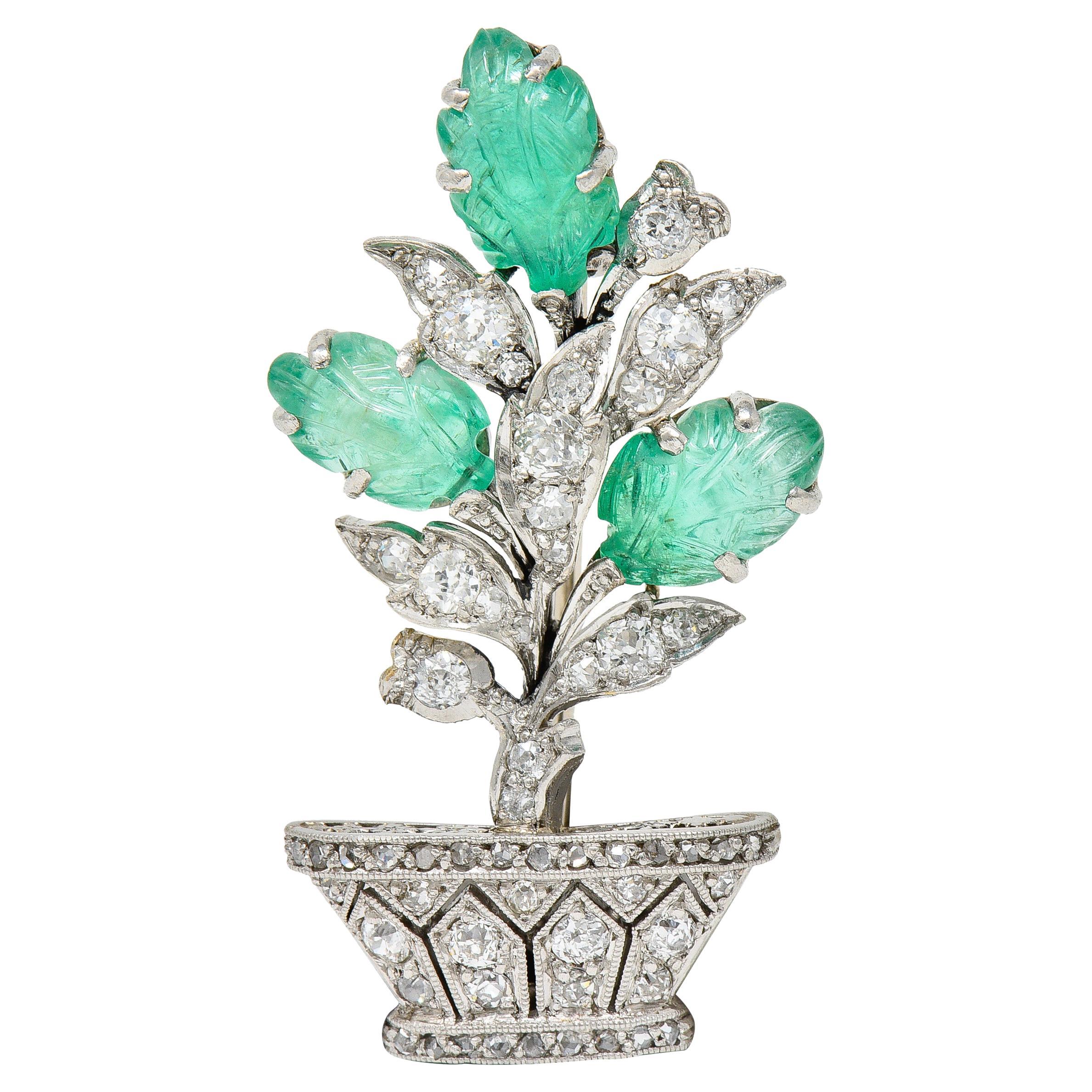 Art Deco 4.94 CTW Emerald Diamond Platinum Giardinetto Floral Vintage Brooch