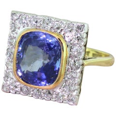 Art Deco 4.95 Carat Natural Ceylon Sapphire and Old Cut Diamond Ring
