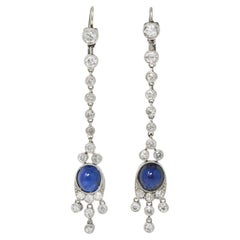 Art Deco 4.98 CTW Sapphire Cabochon Platinum Vintage Drop Earrings