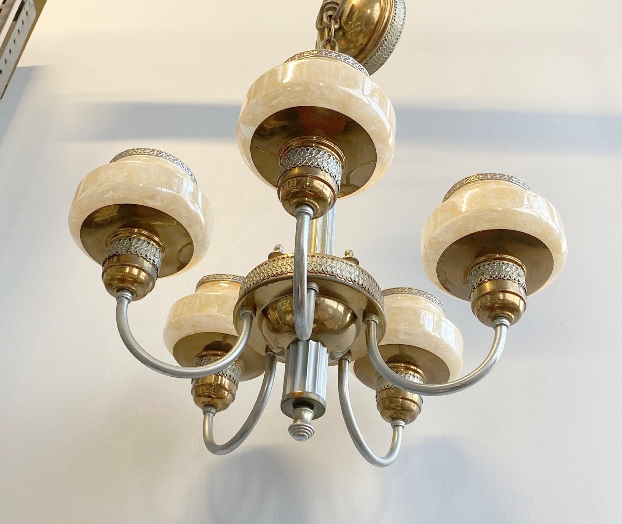 Art Deco 5 Arm Chandelier Copper & Nickel with Custard Shades In Good Condition In New York, NY