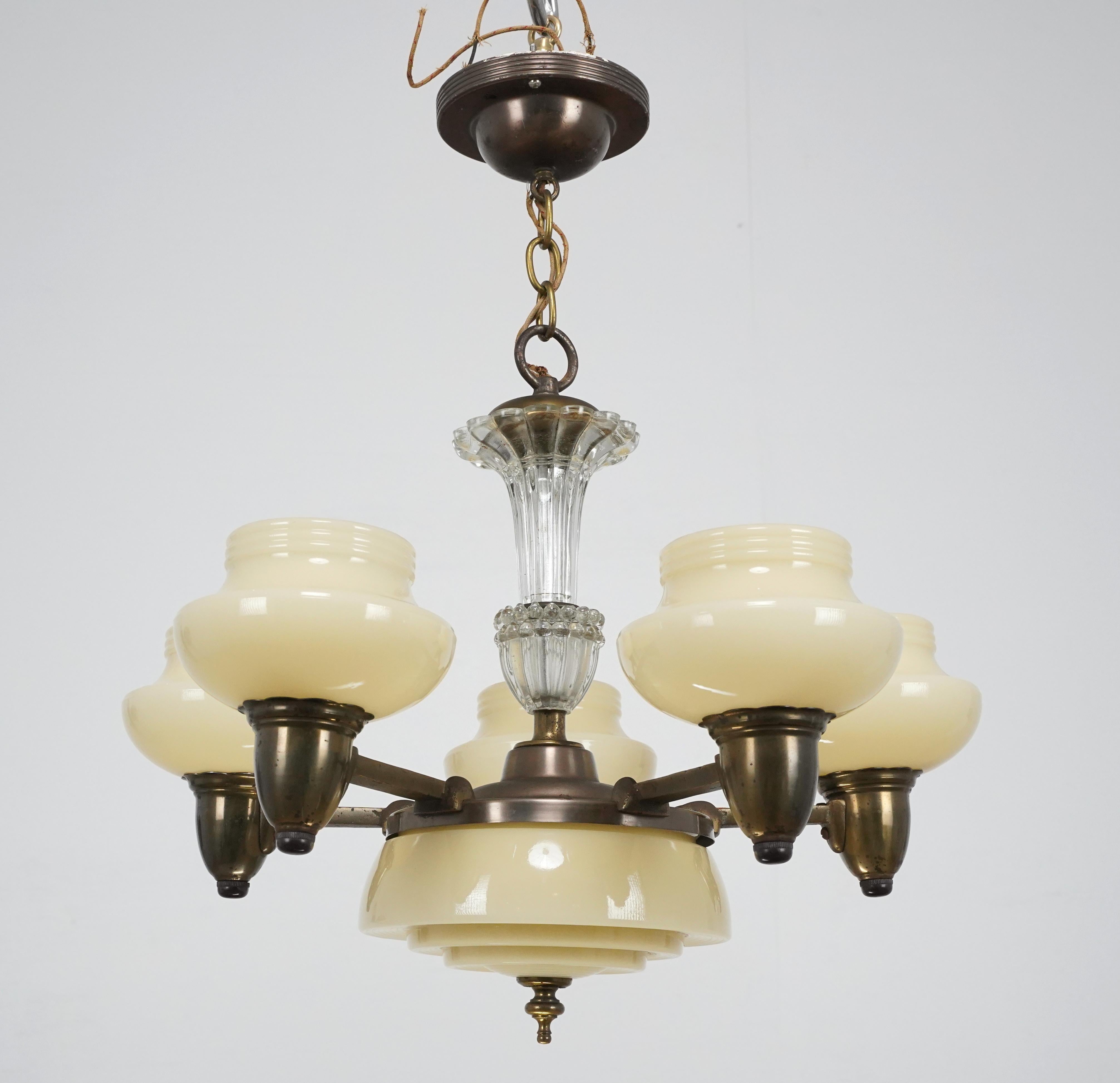 American Art Deco 5 Arm Chandelier For Sale
