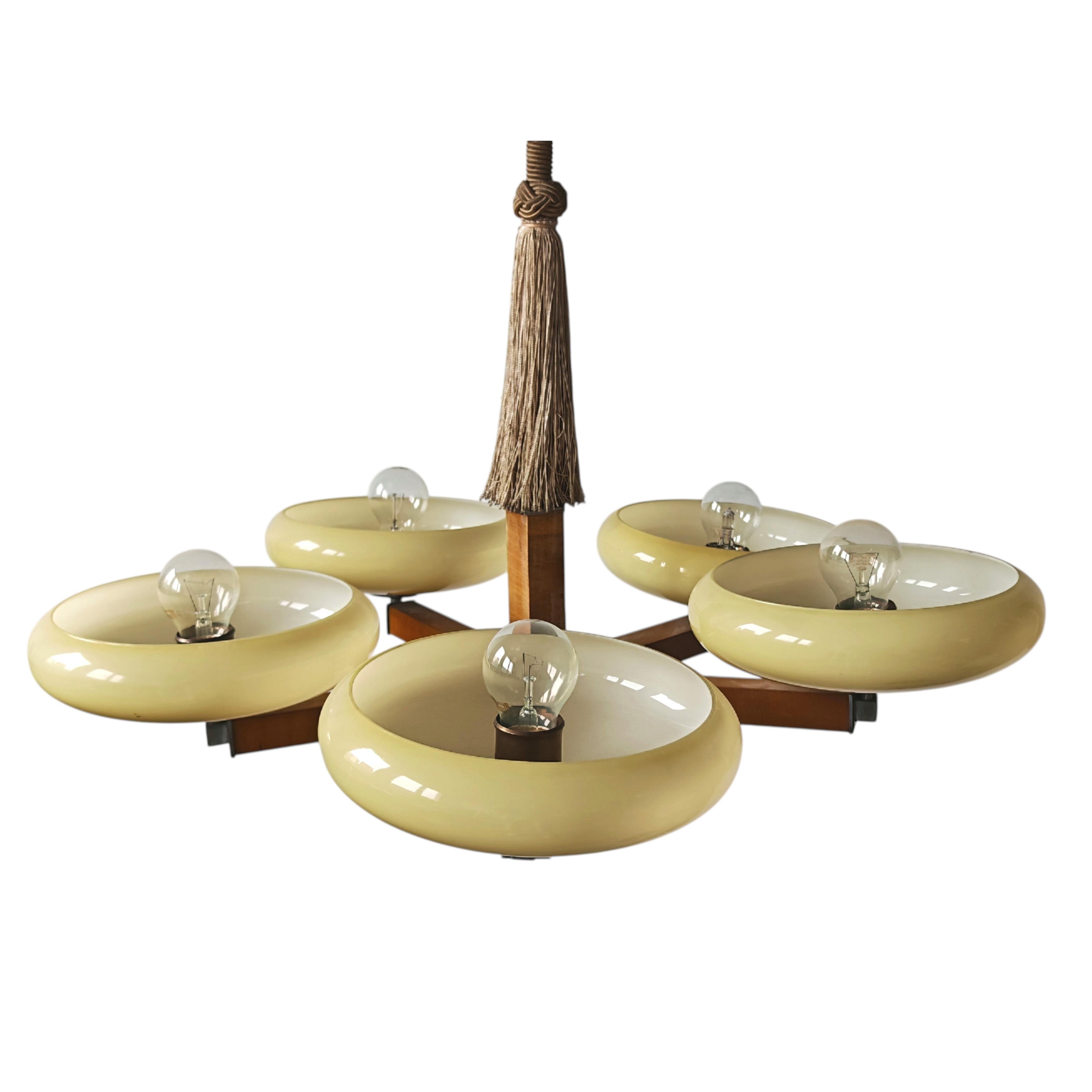 Art Deco 5-Arm Chandelier with Cream Round Shades, Austria 1930s For Sale