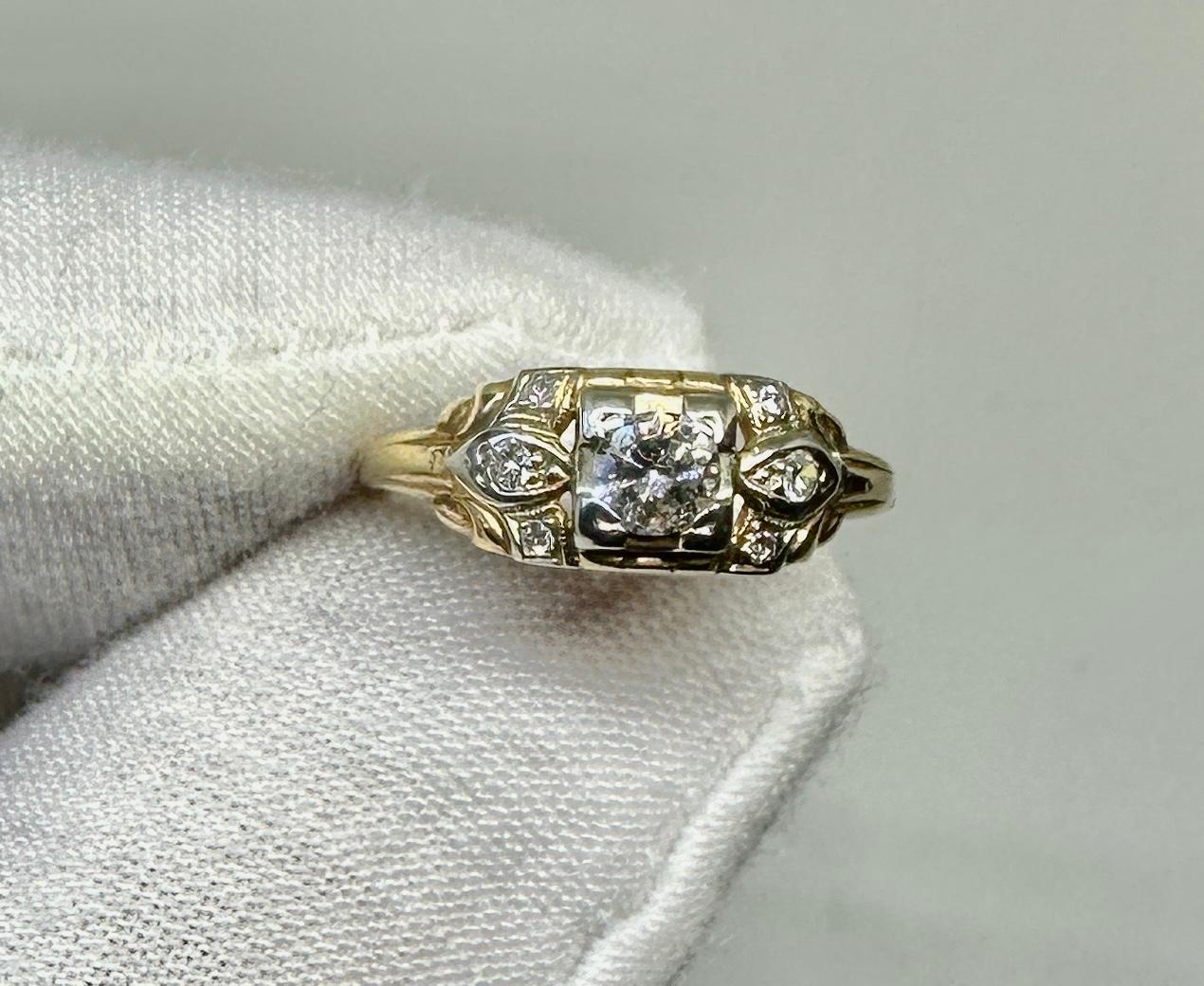 Anillo Art Decó de compromiso de boda con diamantes de 0,5 quilates y oro amarillo blanco de 14 quilates en venta 9