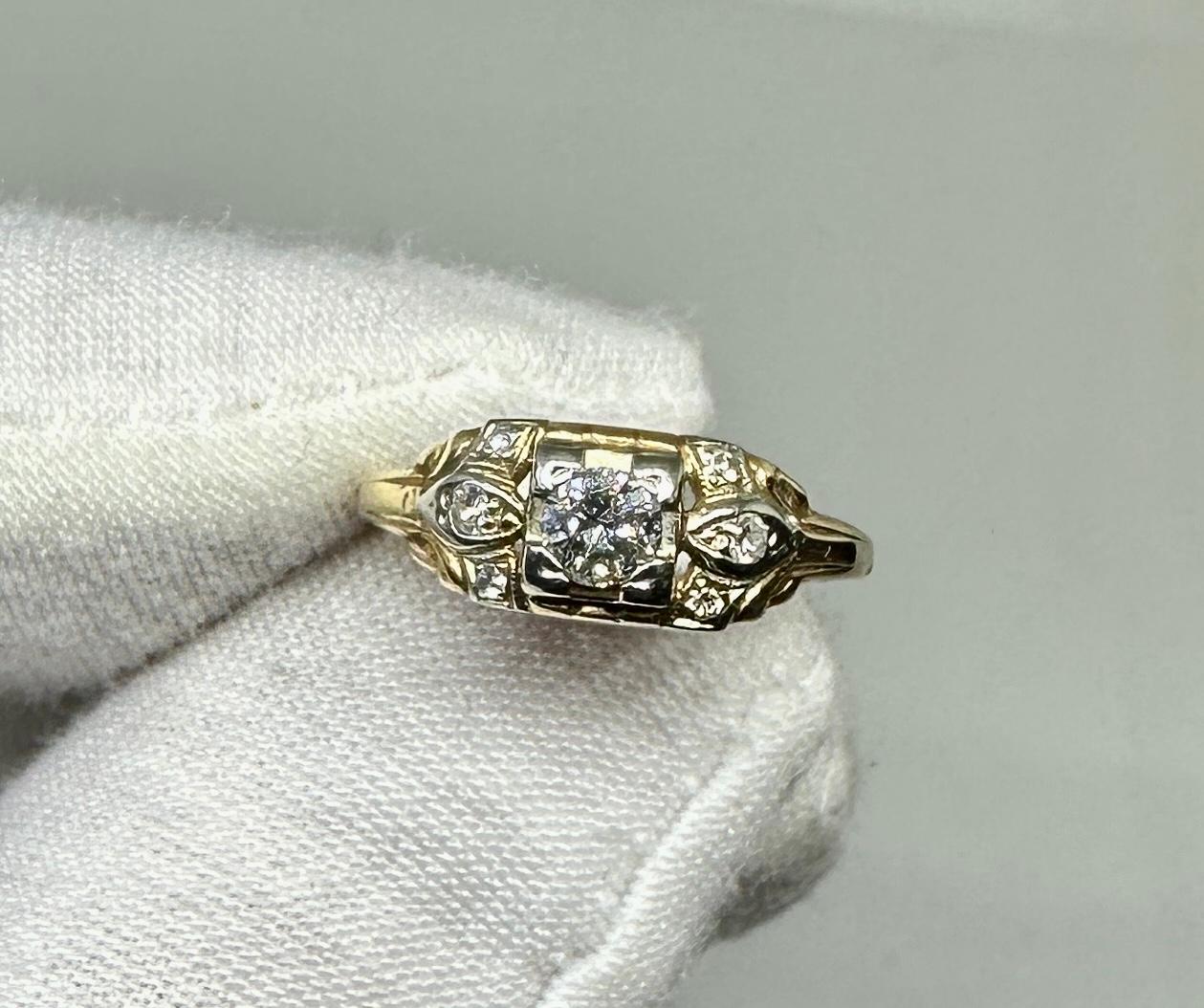 Anillo Art Decó de compromiso de boda con diamantes de 0,5 quilates y oro amarillo blanco de 14 quilates en venta 10