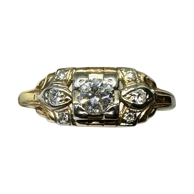 Anillo Art Decó de compromiso de boda con diamantes de 0,5 quilates y oro amarillo blanco de 14 quilates en venta