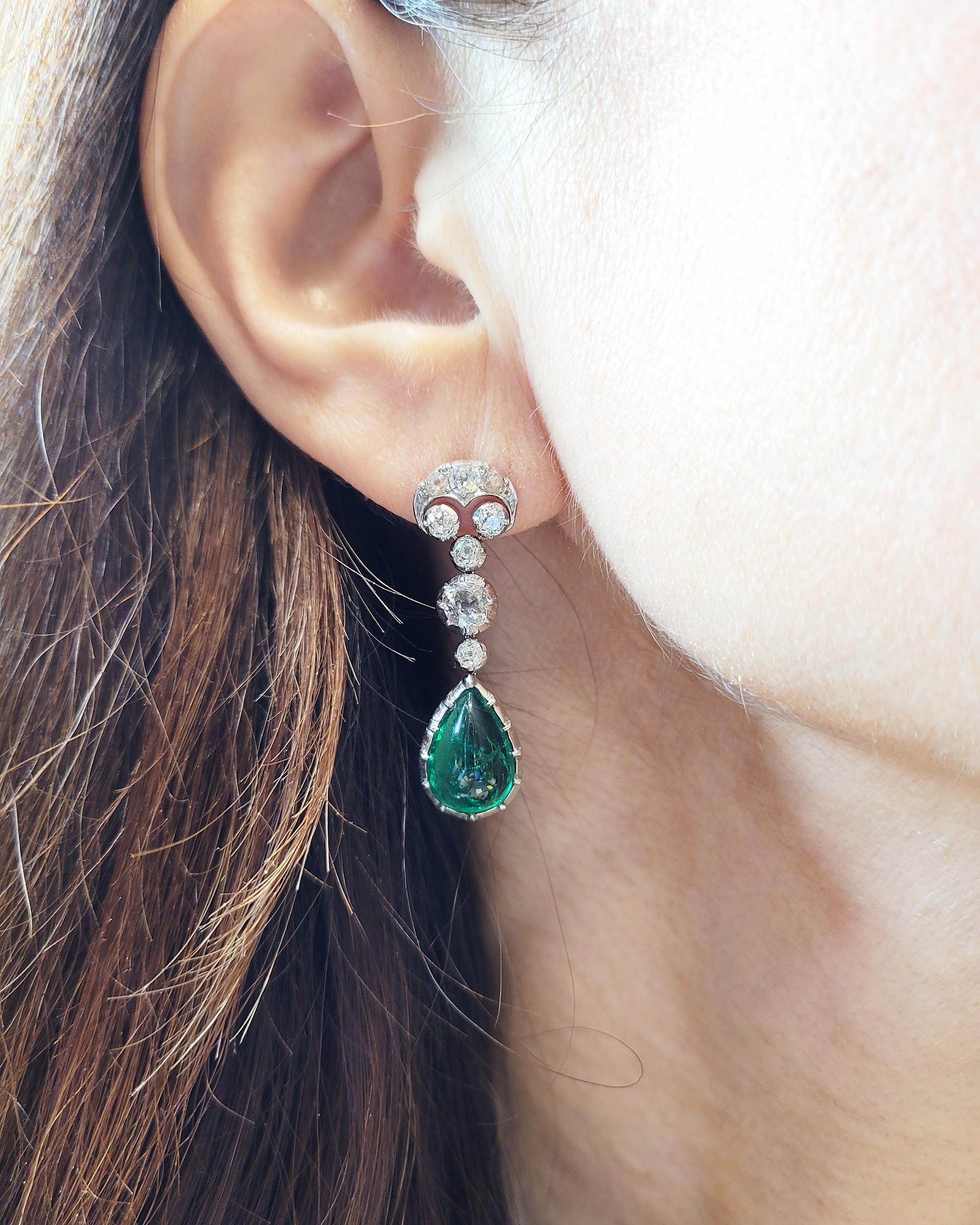 Cabochon Art Deco 5 Carat Each Emerald Diamond Drop Earrings For Sale