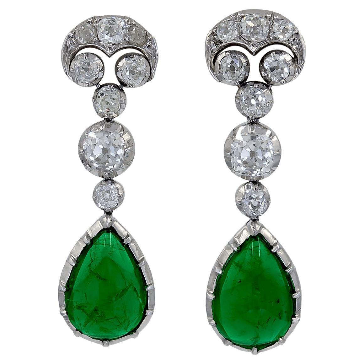 Art Deco 5 Carat Each Emerald Diamond Drop Earrings