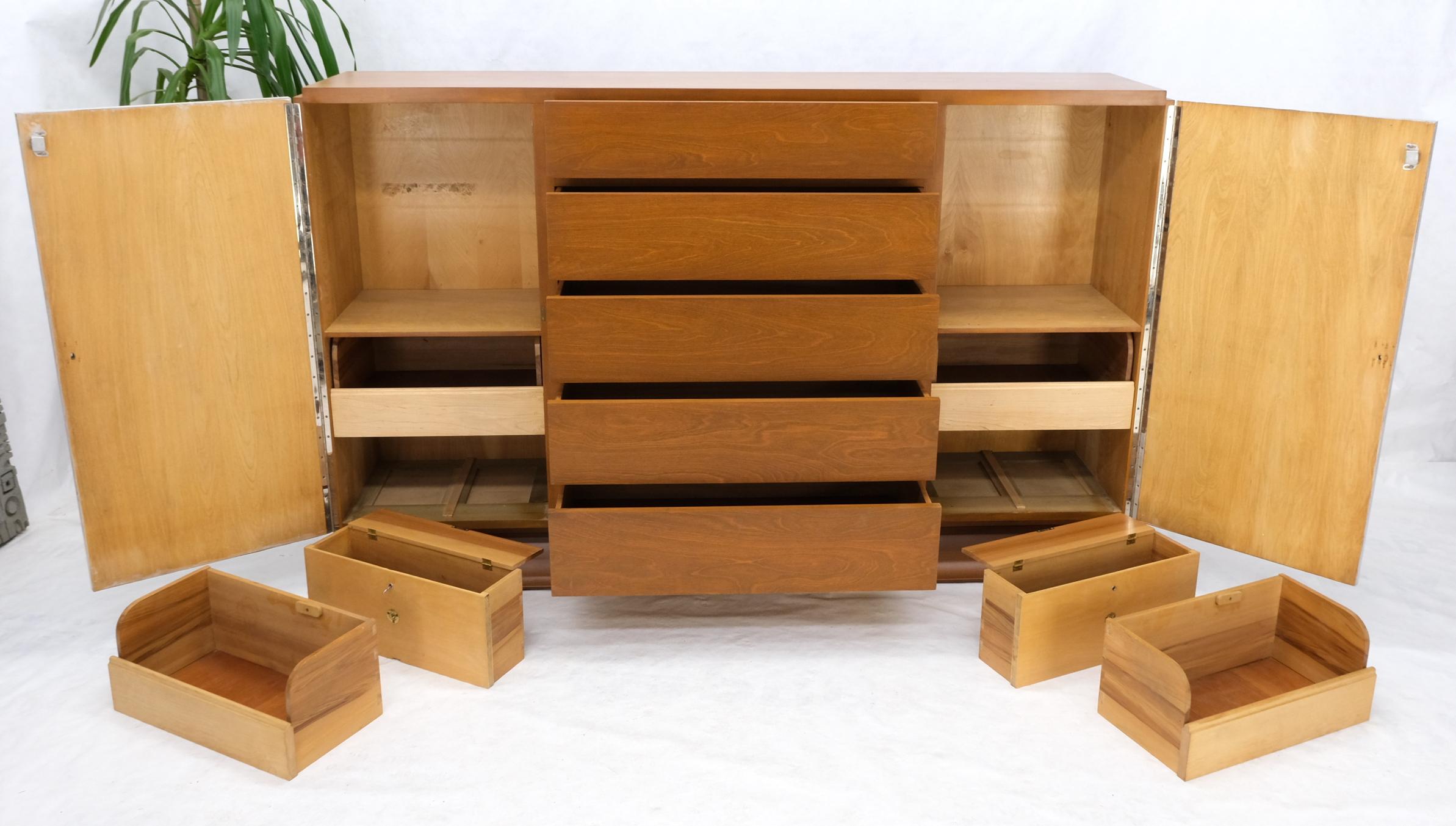 Mid-Century Modern Art Deco influence Italian cabinet credenza dresser with 2 secret drawers (shown in the pics) 2 leather diamond pattern doors compartments. Fully restored. Unusual rare piece Tommy Parzinger decor match.