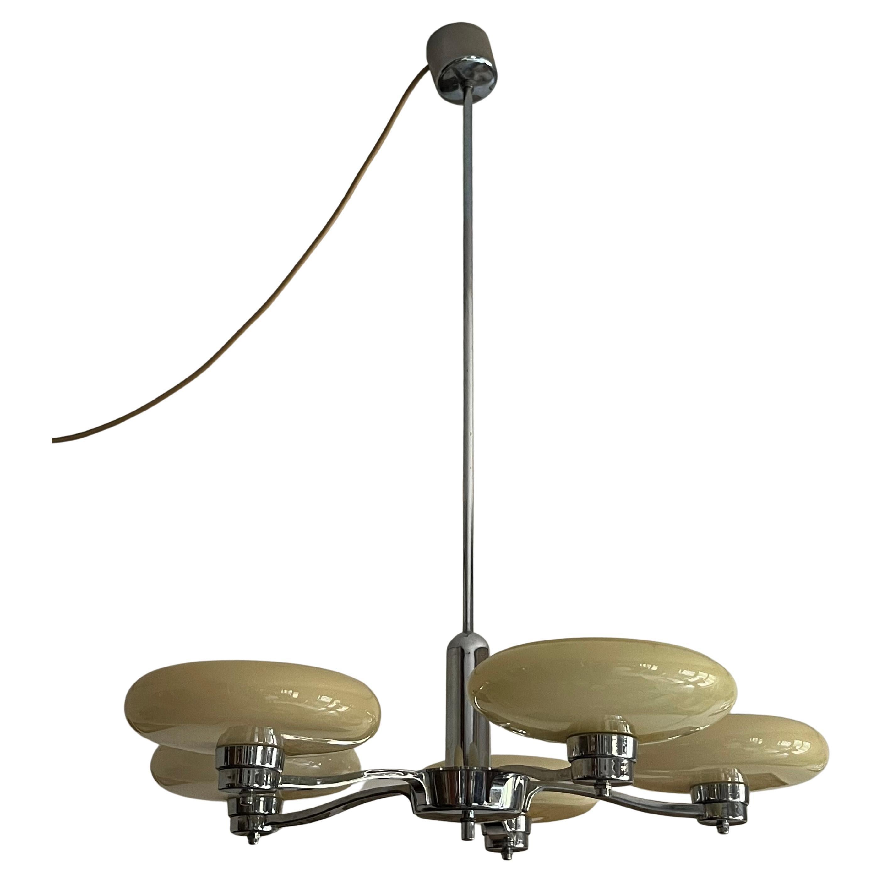 Lustre Art Déco à 5 lumières en verre de Murano et acier, années 1940