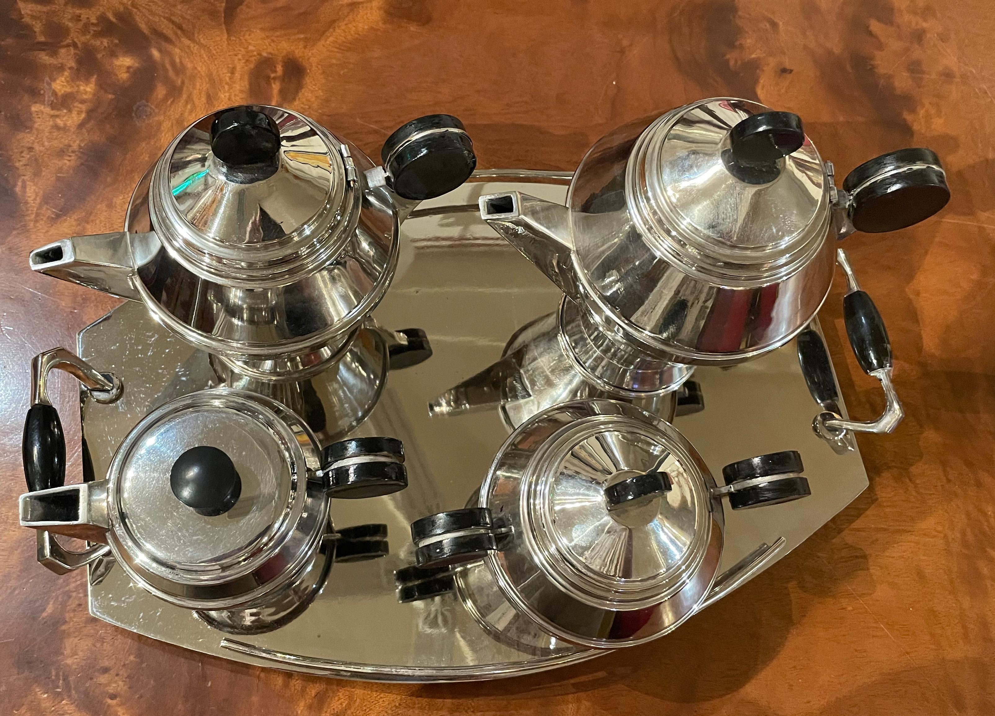 Art Deco 5 Pieces Kaffee und Tee Silber Teller Set (Art déco) im Angebot