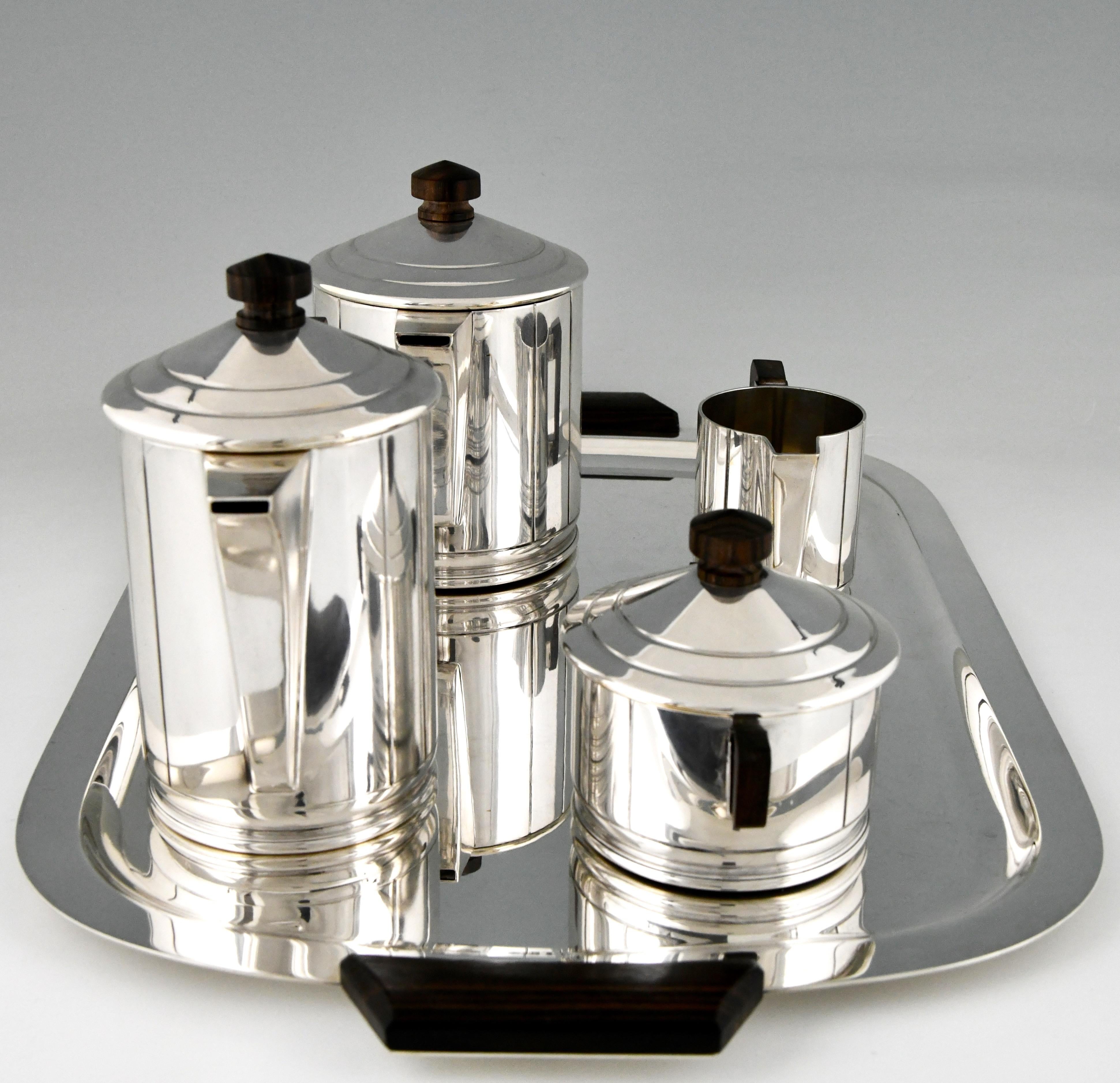 Mid-20th Century Art Deco 5 Piece Silvered Tea and Coffee Set Ercuis, France, 1930