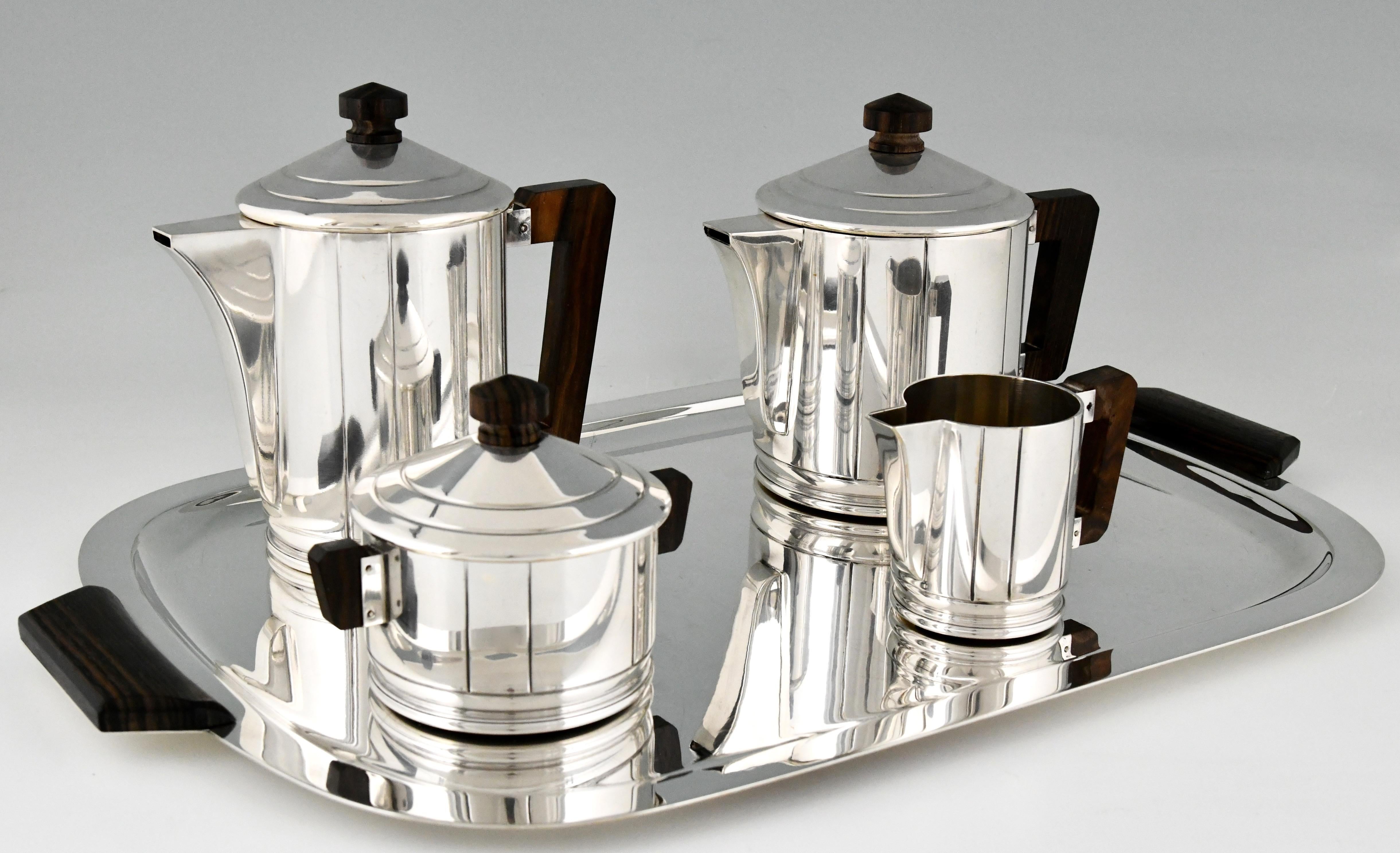 Metal Art Deco 5 Piece Silvered Tea and Coffee Set Ercuis, France, 1930