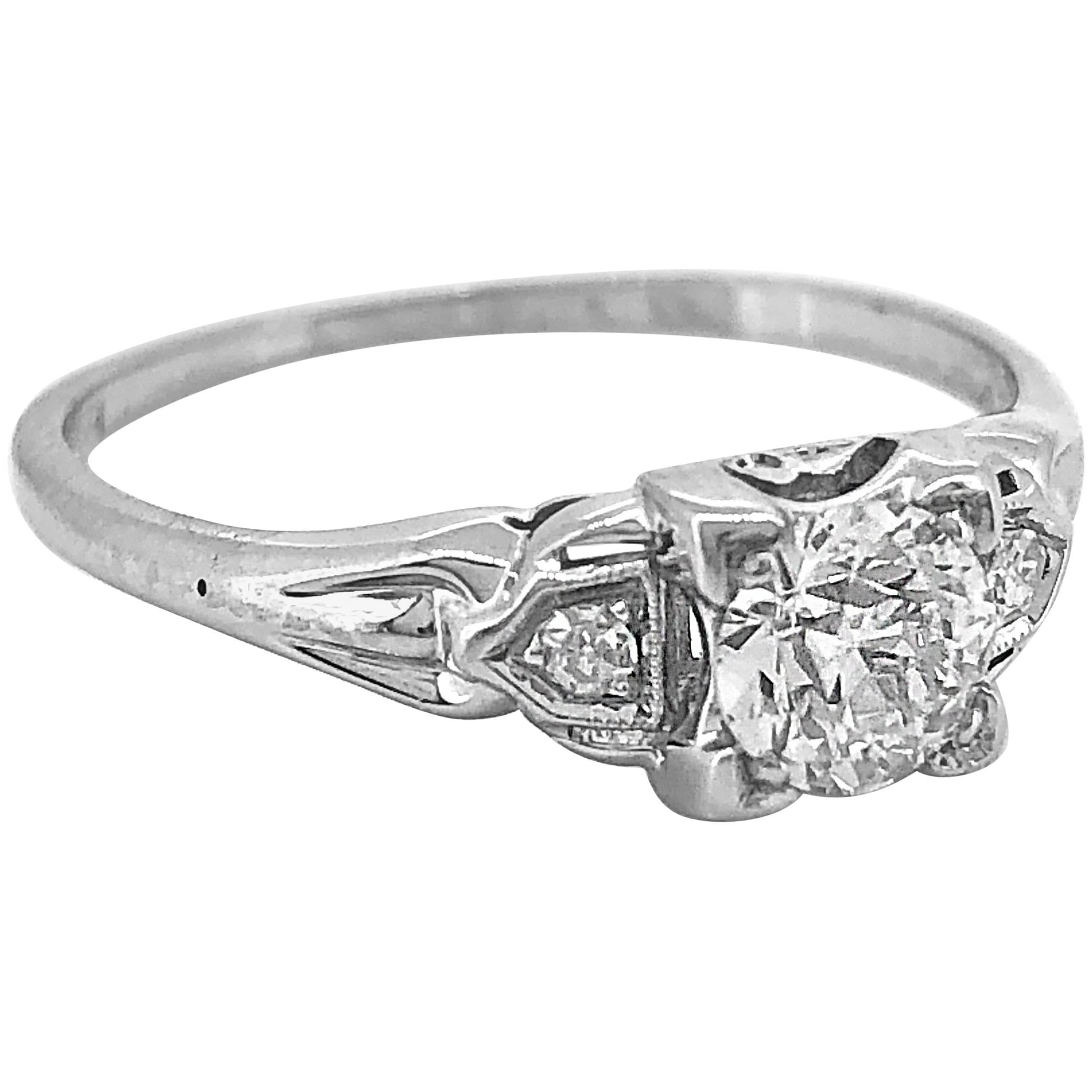 Art Deco .50 Carat Diamond Antique Engagement Ring 18 Karat White Gold